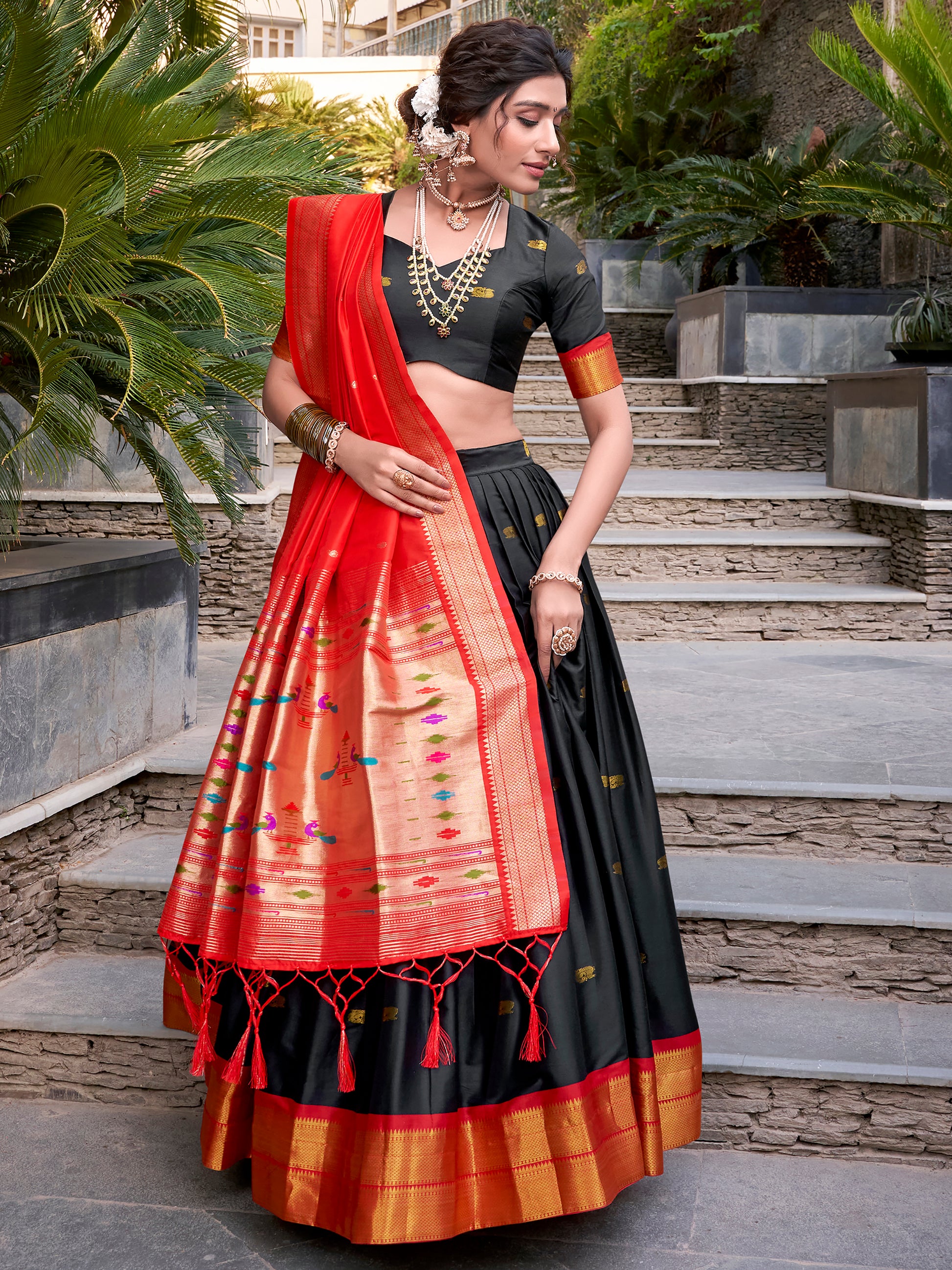 Amazing Black Zari Weaving Jacquard Paithani Lehenga Choli