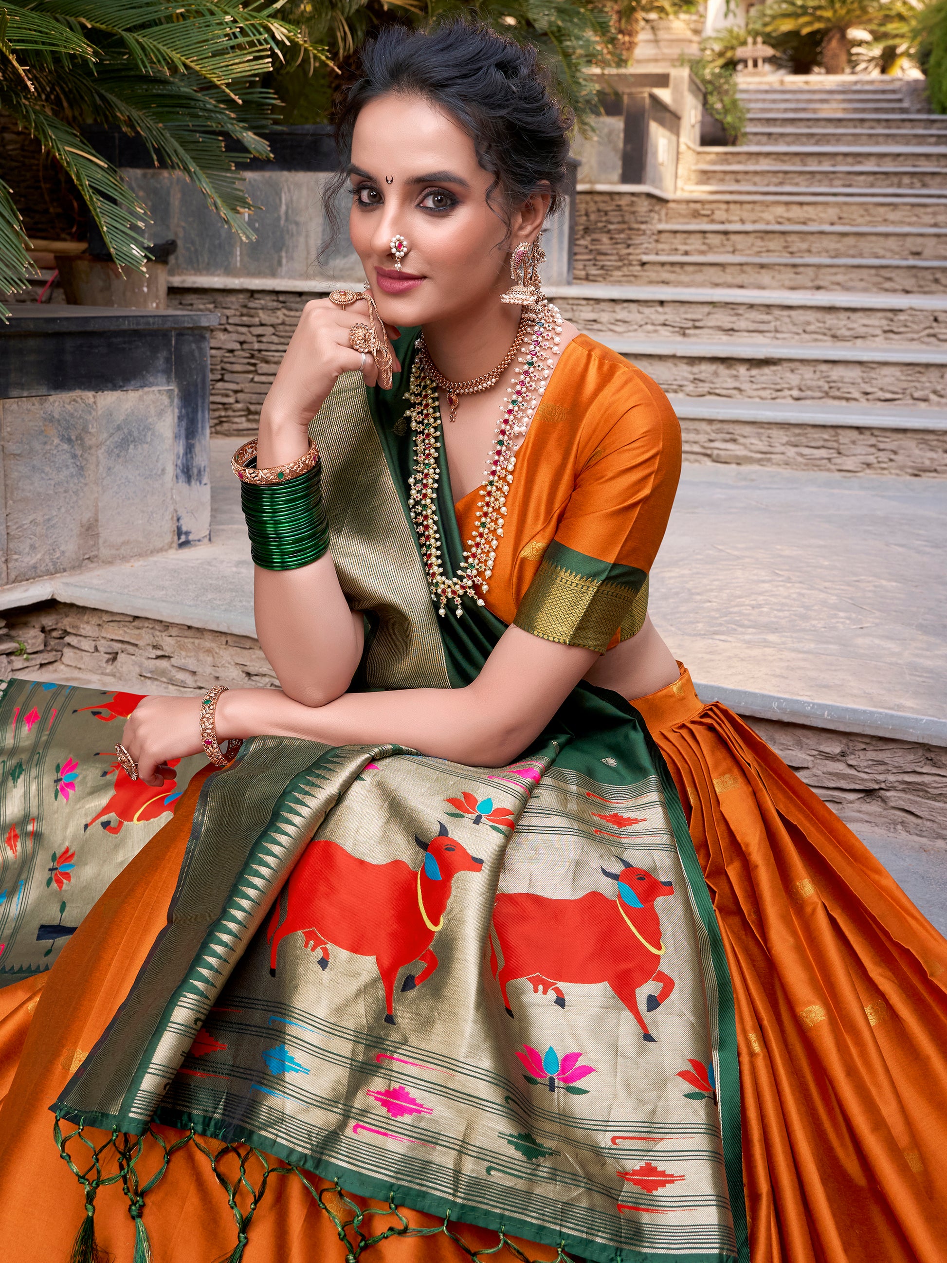Gorgeous Orange Zari Weaving Paithani Lehenga Choli With Dupatta