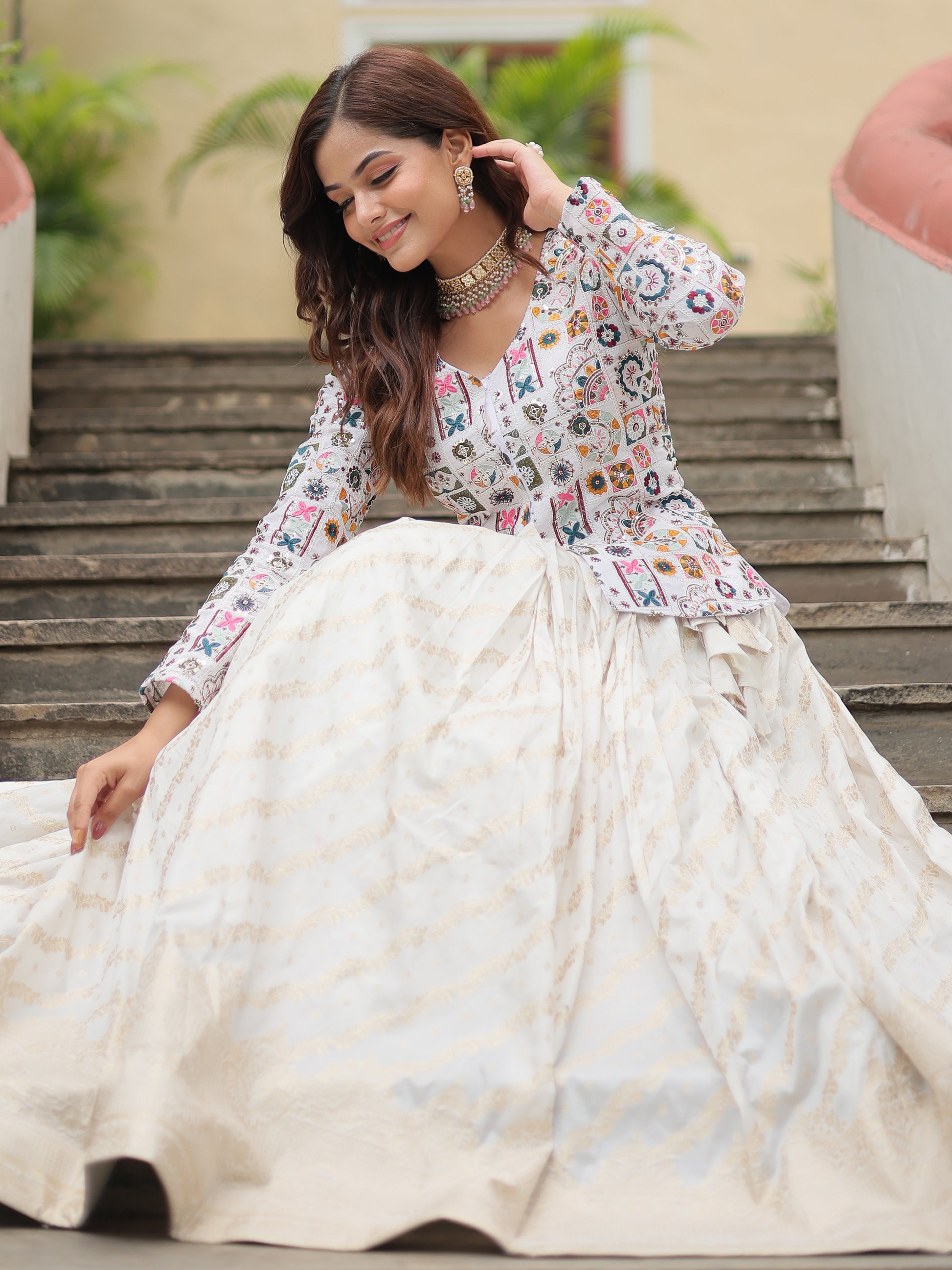 Incredible Off-White Sequins Jacquard Lehenga With Long Top