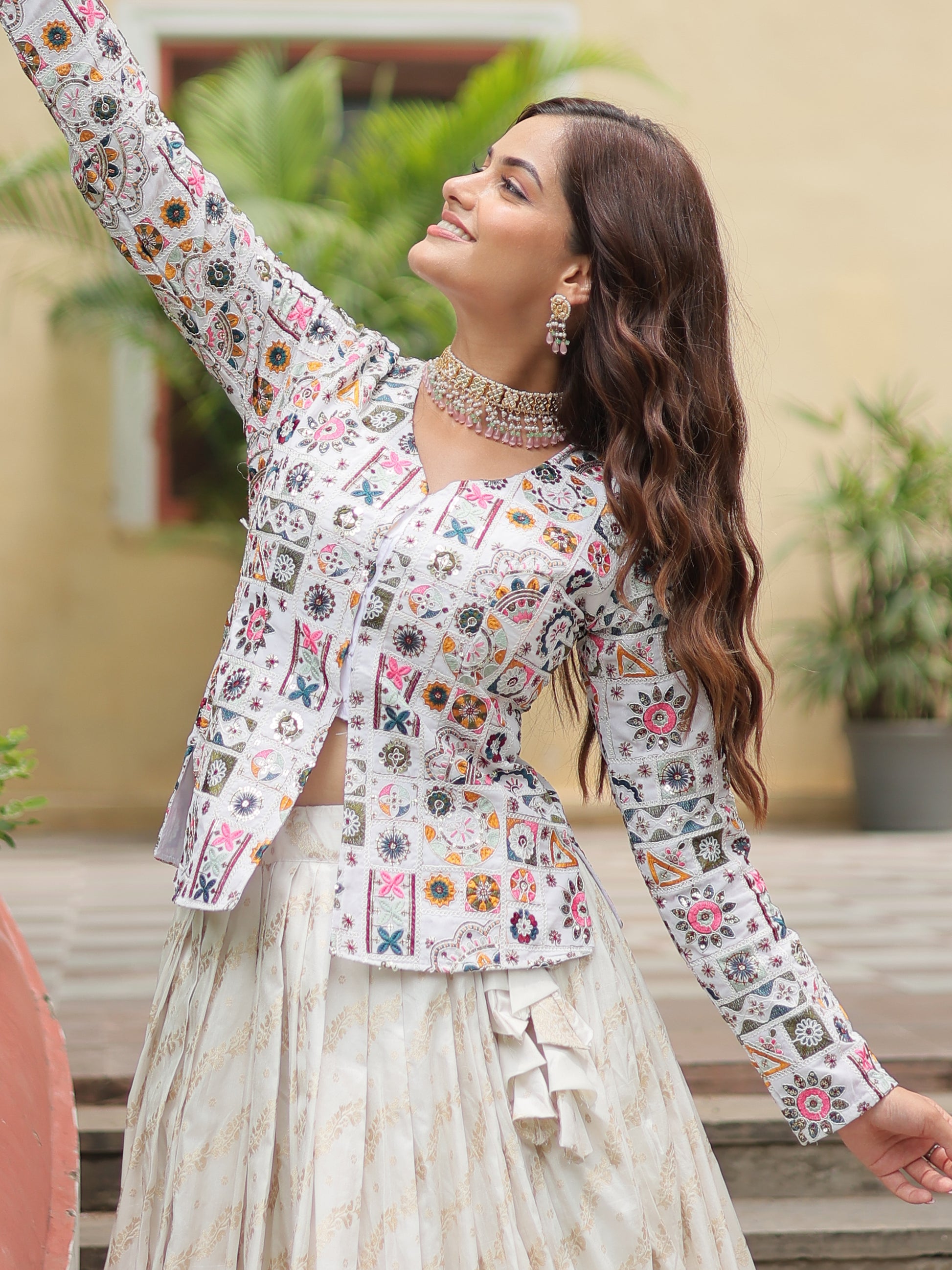 Incredible Off-White Sequins Jacquard Lehenga With Long Top