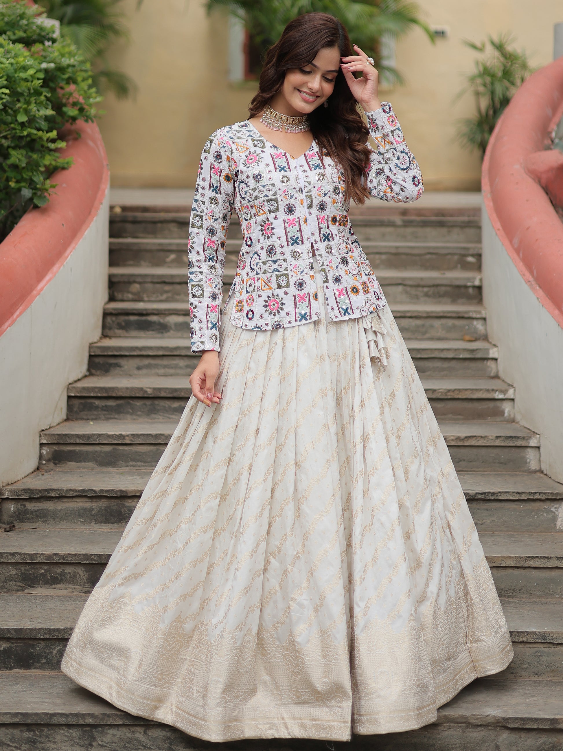 Incredible Off-White Sequins Jacquard Lehenga With Long Top