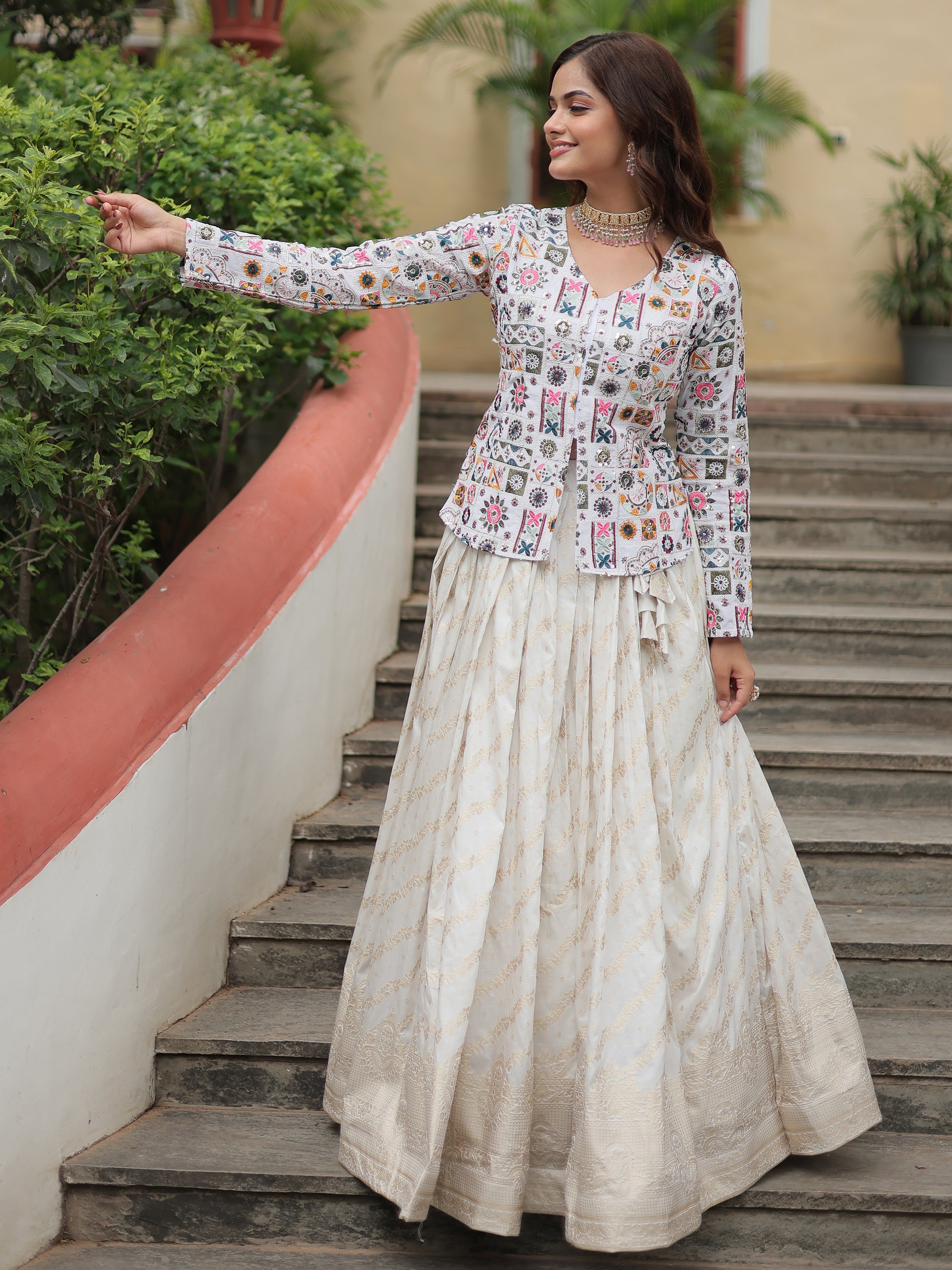 Incredible Off-White Sequins Jacquard Lehenga With Long Top