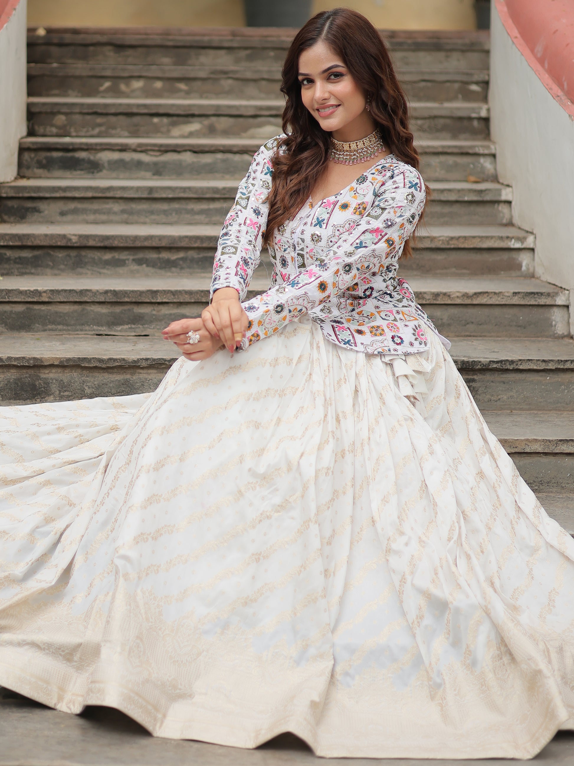 Incredible Off-White Sequins Jacquard Lehenga With Long Top