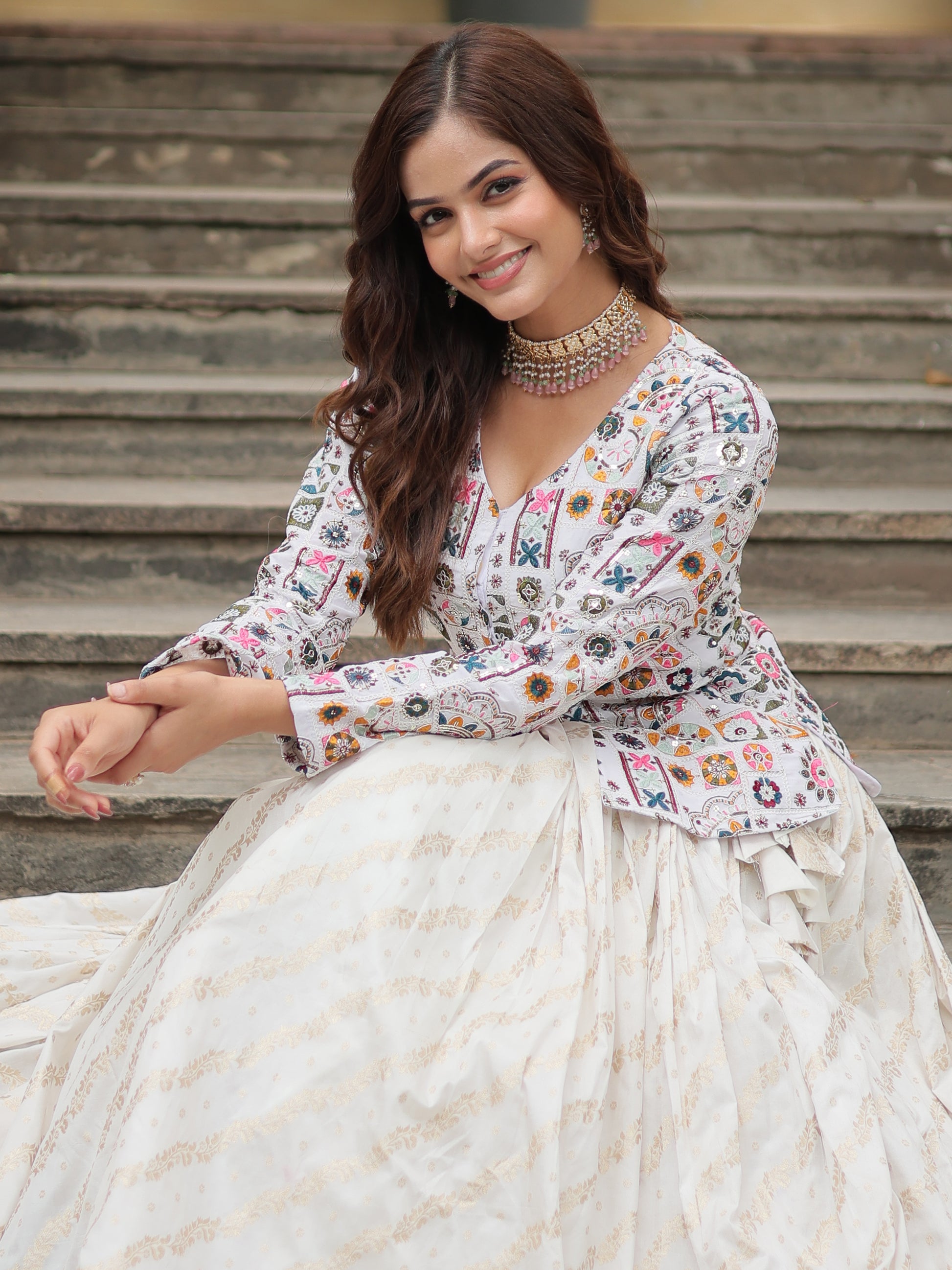 Incredible Off-White Sequins Jacquard Lehenga With Long Top
