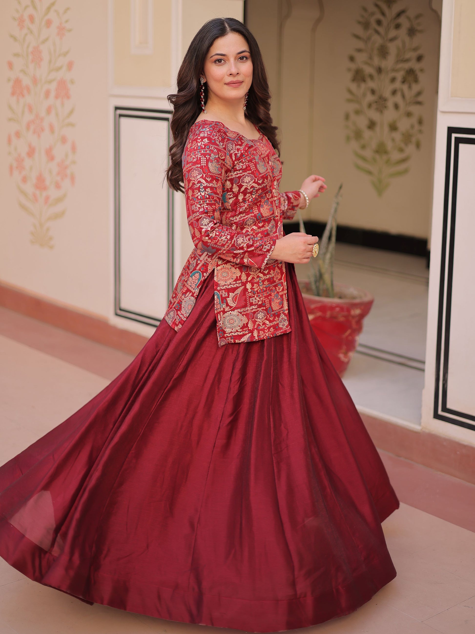Pretty Maroon Zari Weaving Vichitra Silk Wedding Wear Lehenga With Jacket