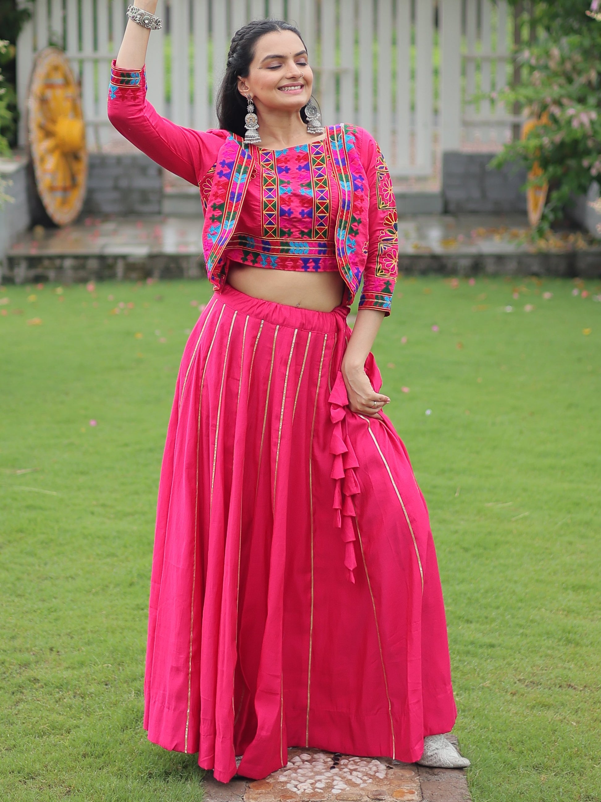 Pretty Pink Kutchi Work Silk Navratri Special Lehenga Choli With Jacket