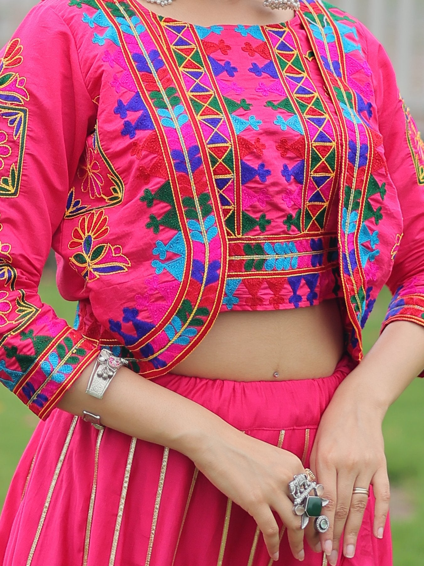 Pretty Pink Kutchi Work Silk Navratri Special Lehenga Choli With Jacket