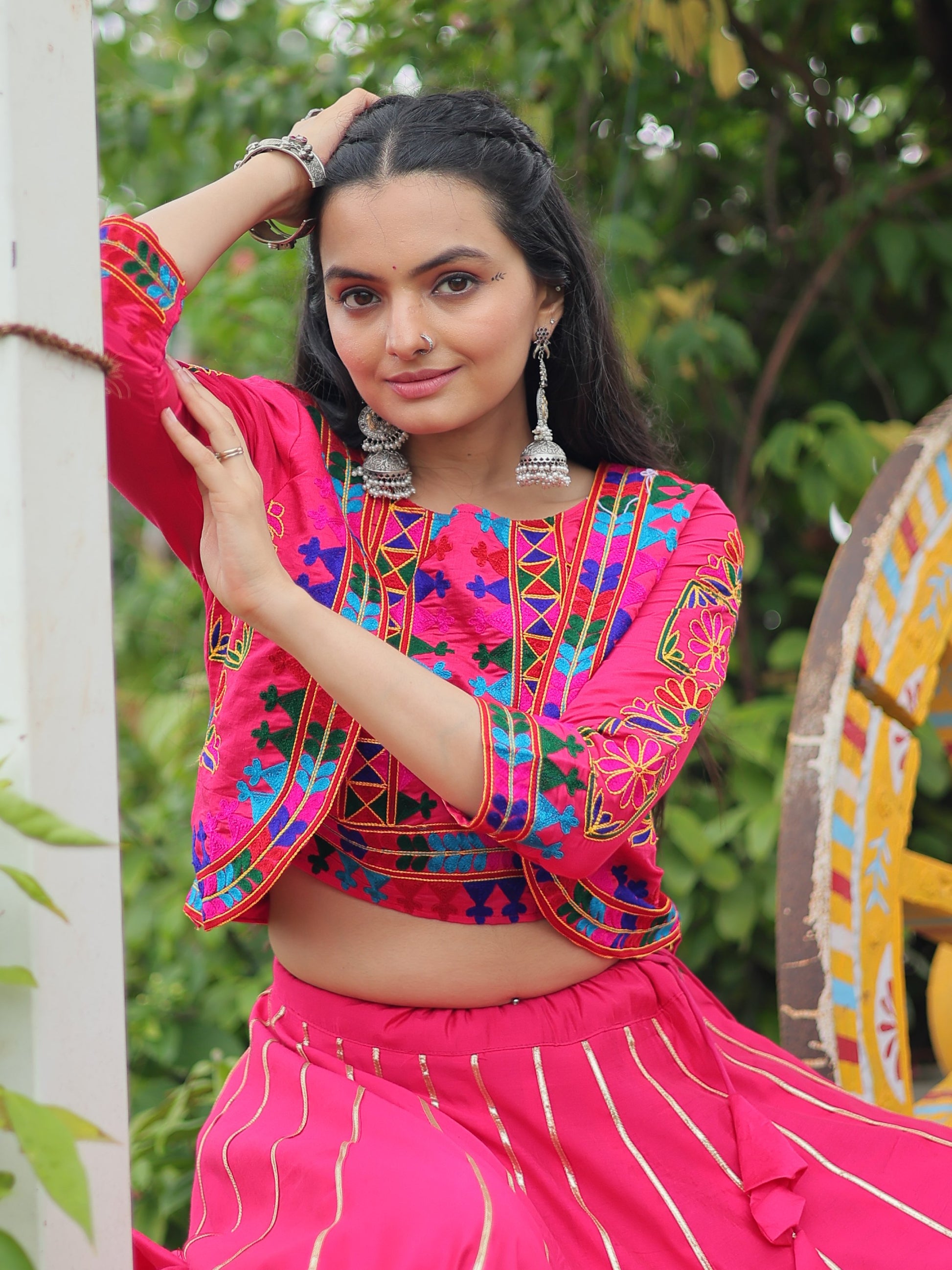 Pretty Pink Kutchi Work Silk Navratri Special Lehenga Choli With Jacket