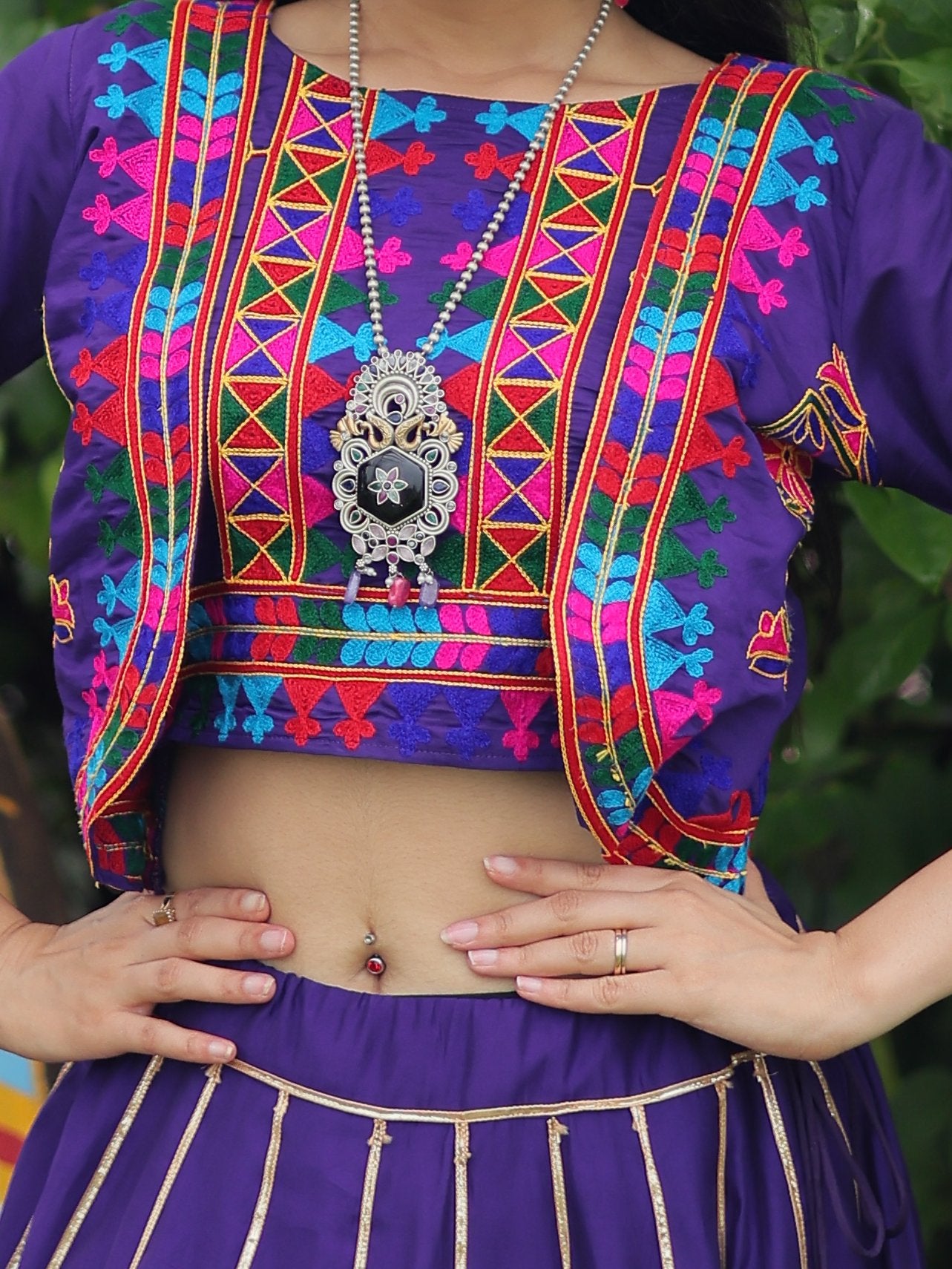 Alluring Purple Kutchi Work Silk Navratri Wear Lehenga Choli With Jacket