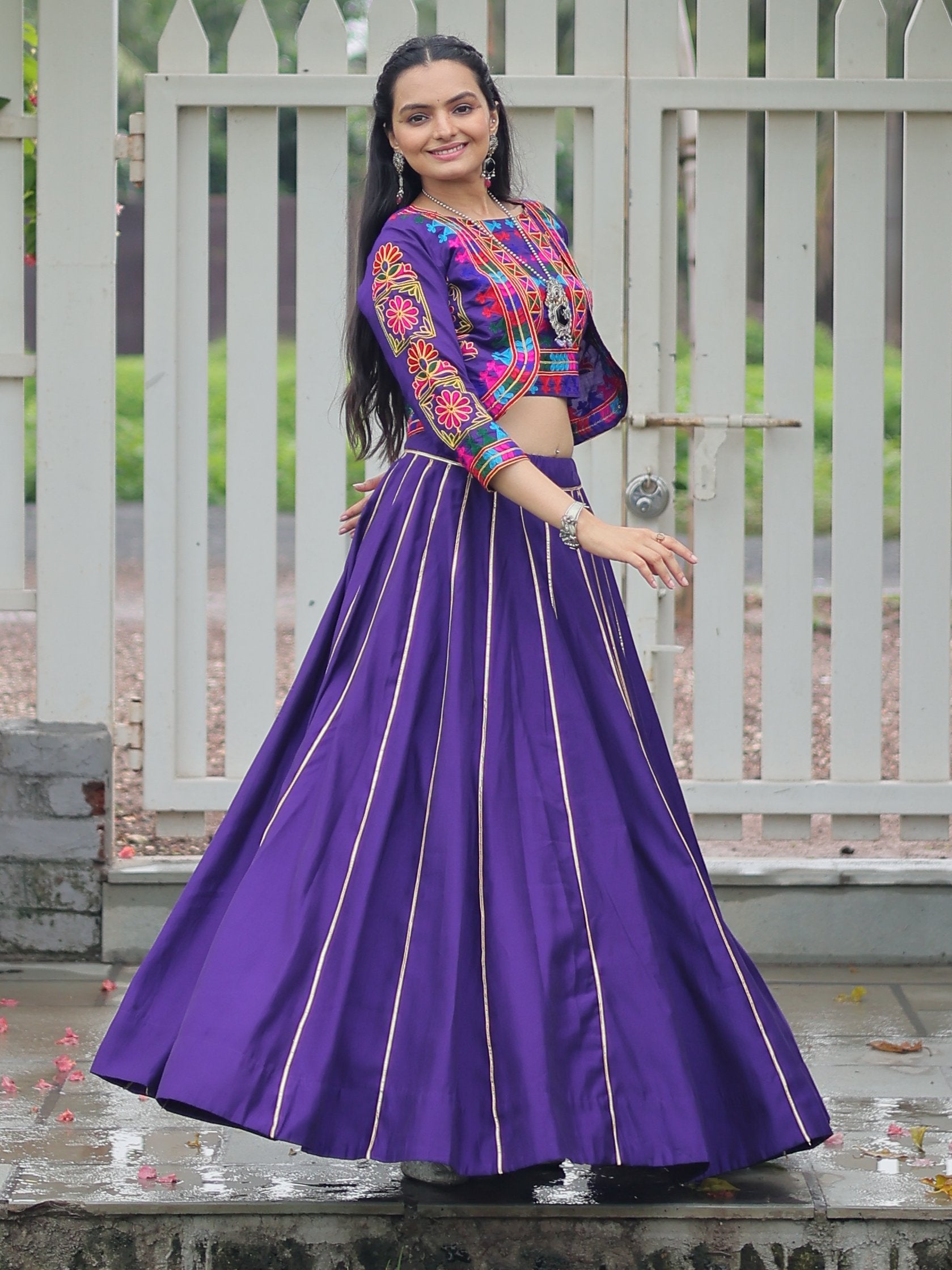 Alluring Purple Kutchi Work Silk Navratri Wear Lehenga Choli With Jacket