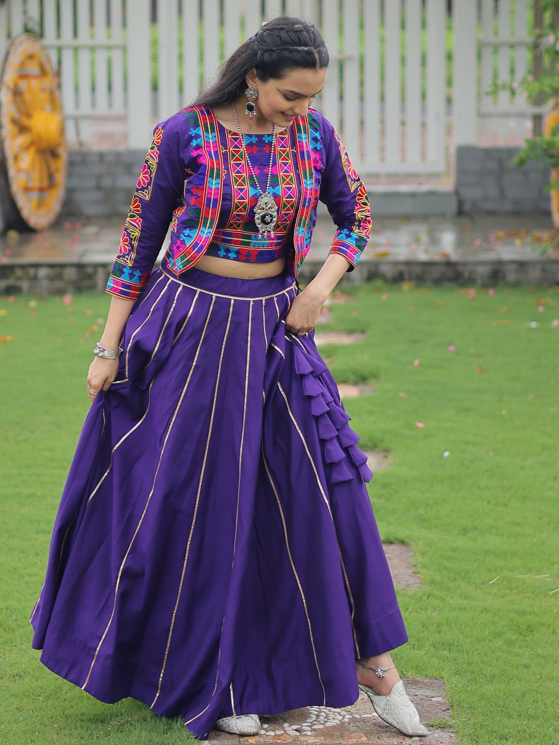 Alluring Purple Kutchi Work Silk Navratri Wear Lehenga Choli With Jacket