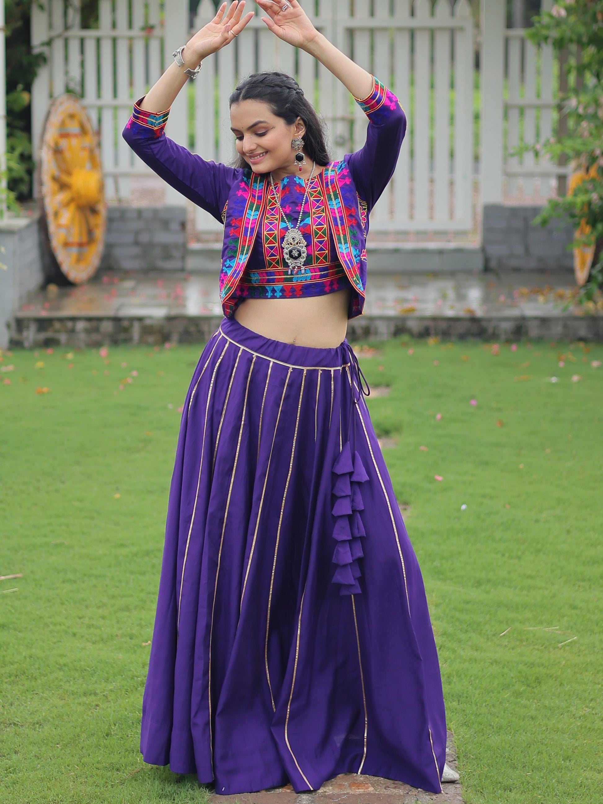 Alluring Purple Kutchi Work Silk Navratri Wear Lehenga Choli With Jacket