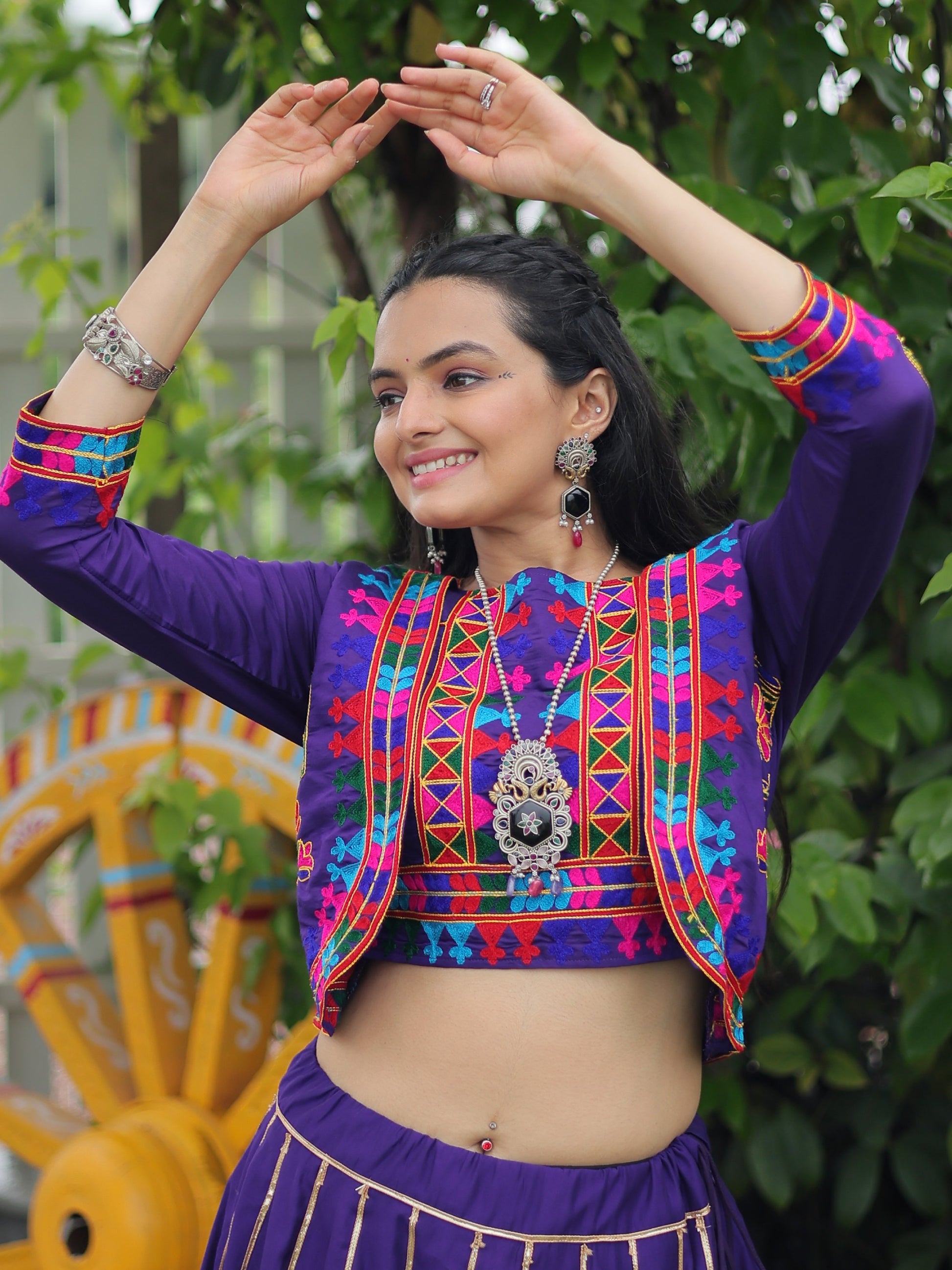 Alluring Purple Kutchi Work Silk Navratri Wear Lehenga Choli With Jacket