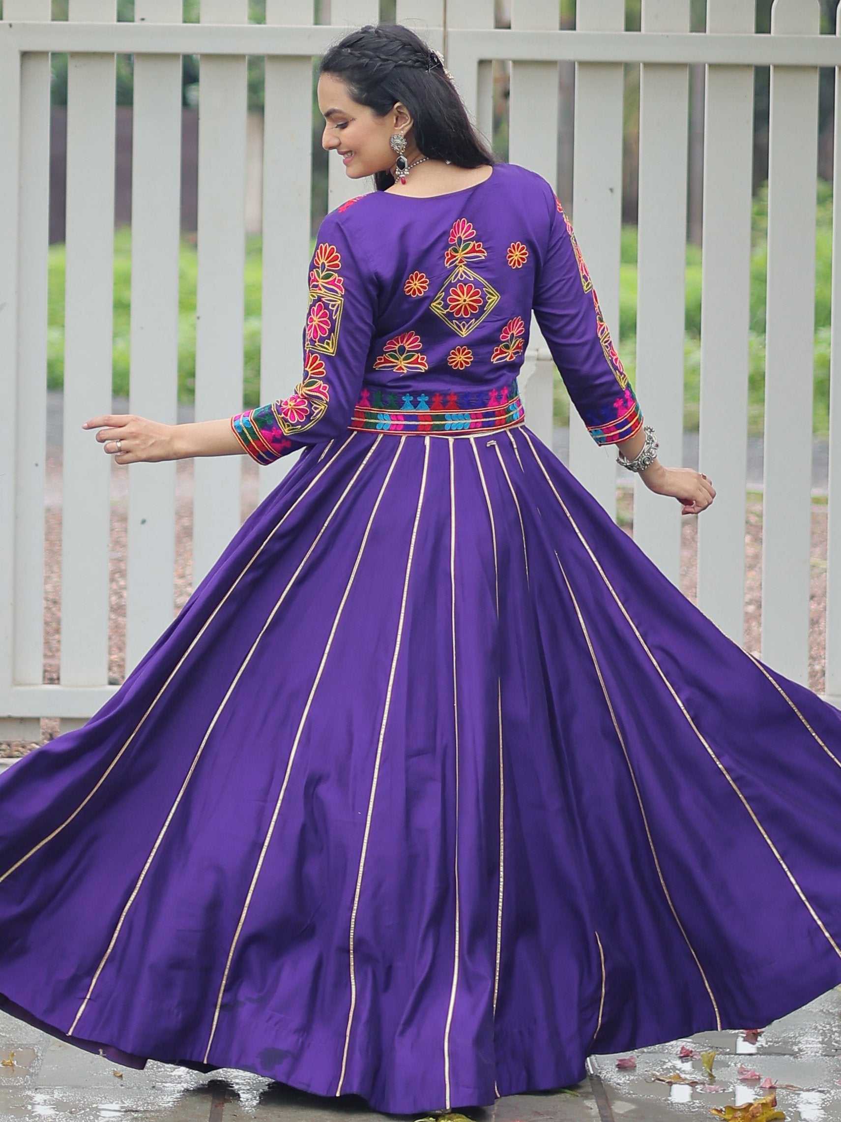 Alluring Purple Kutchi Work Silk Navratri Wear Lehenga Choli With Jacket