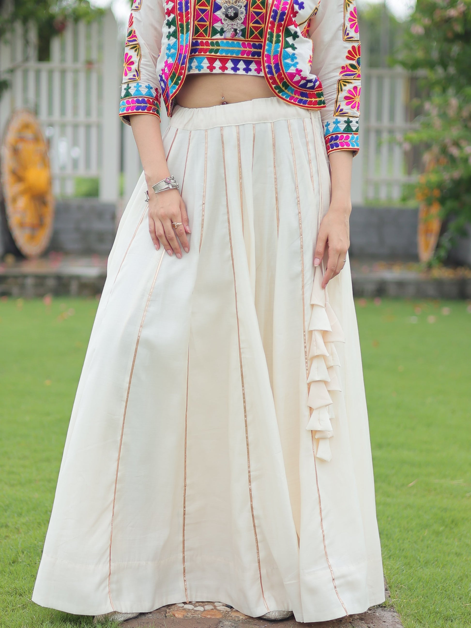 Glamorous White Gota Patti Silk Traditional Lehenga Choli With Jacket
