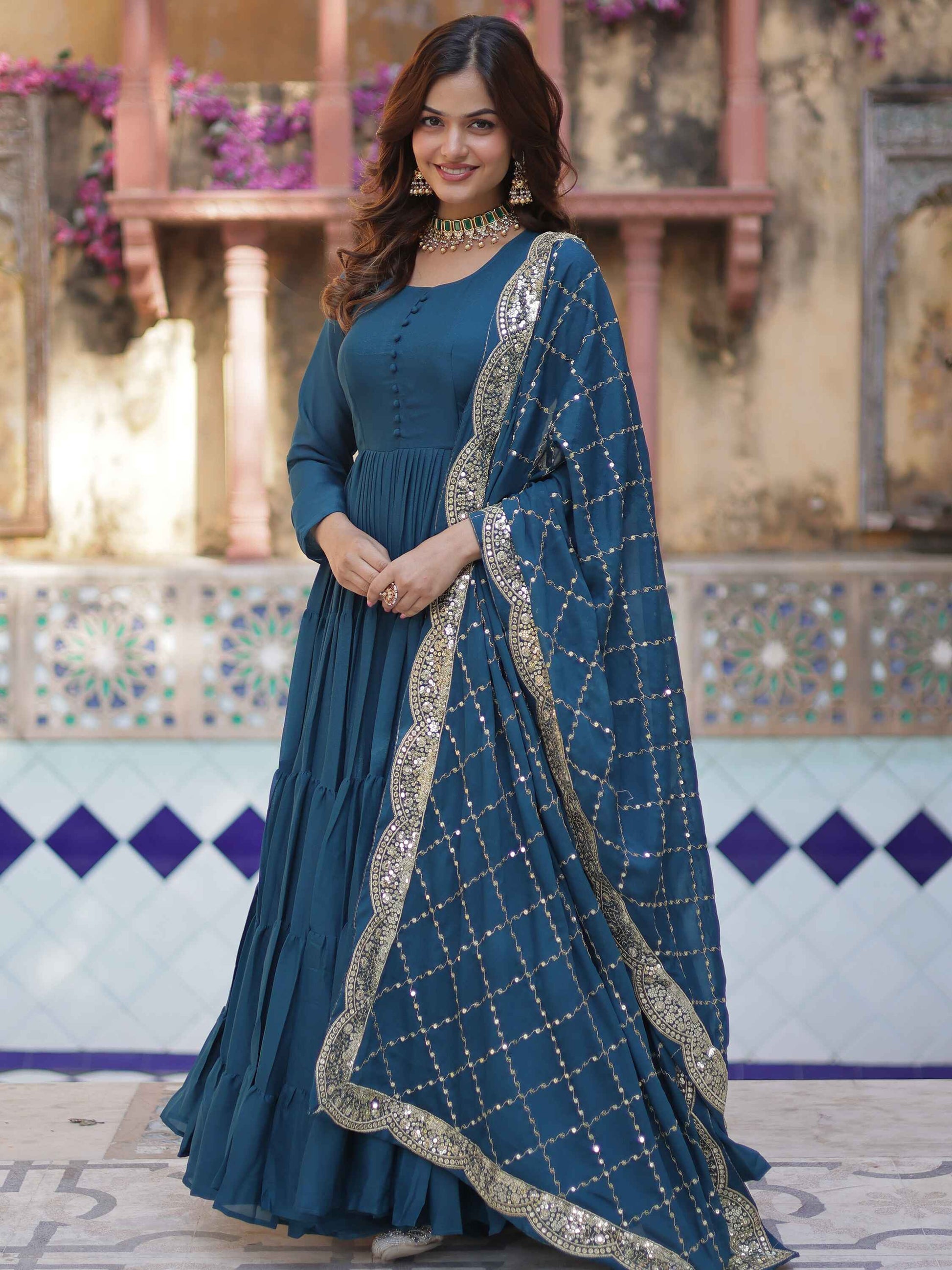 Striking Teal Blue Georgette Event Wear Gown With Dupatta
