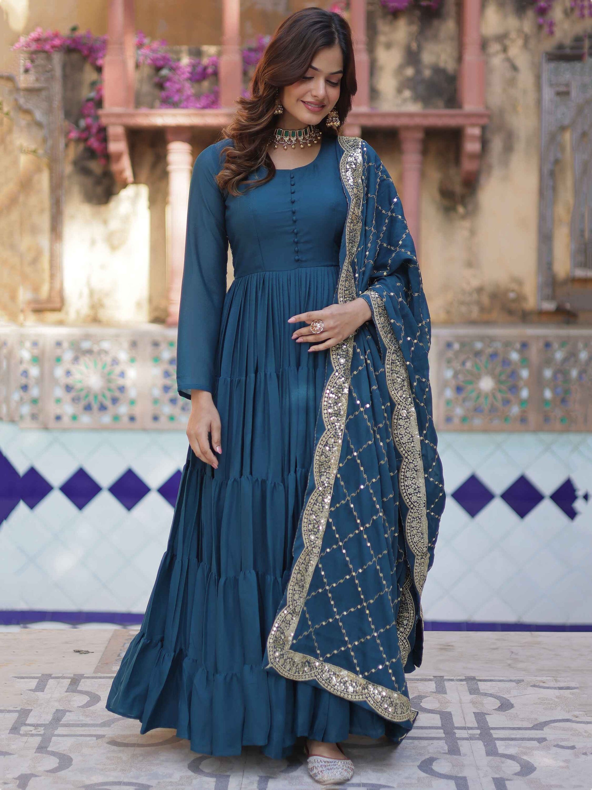 Striking Teal Blue Georgette Event Wear Gown With Dupatta