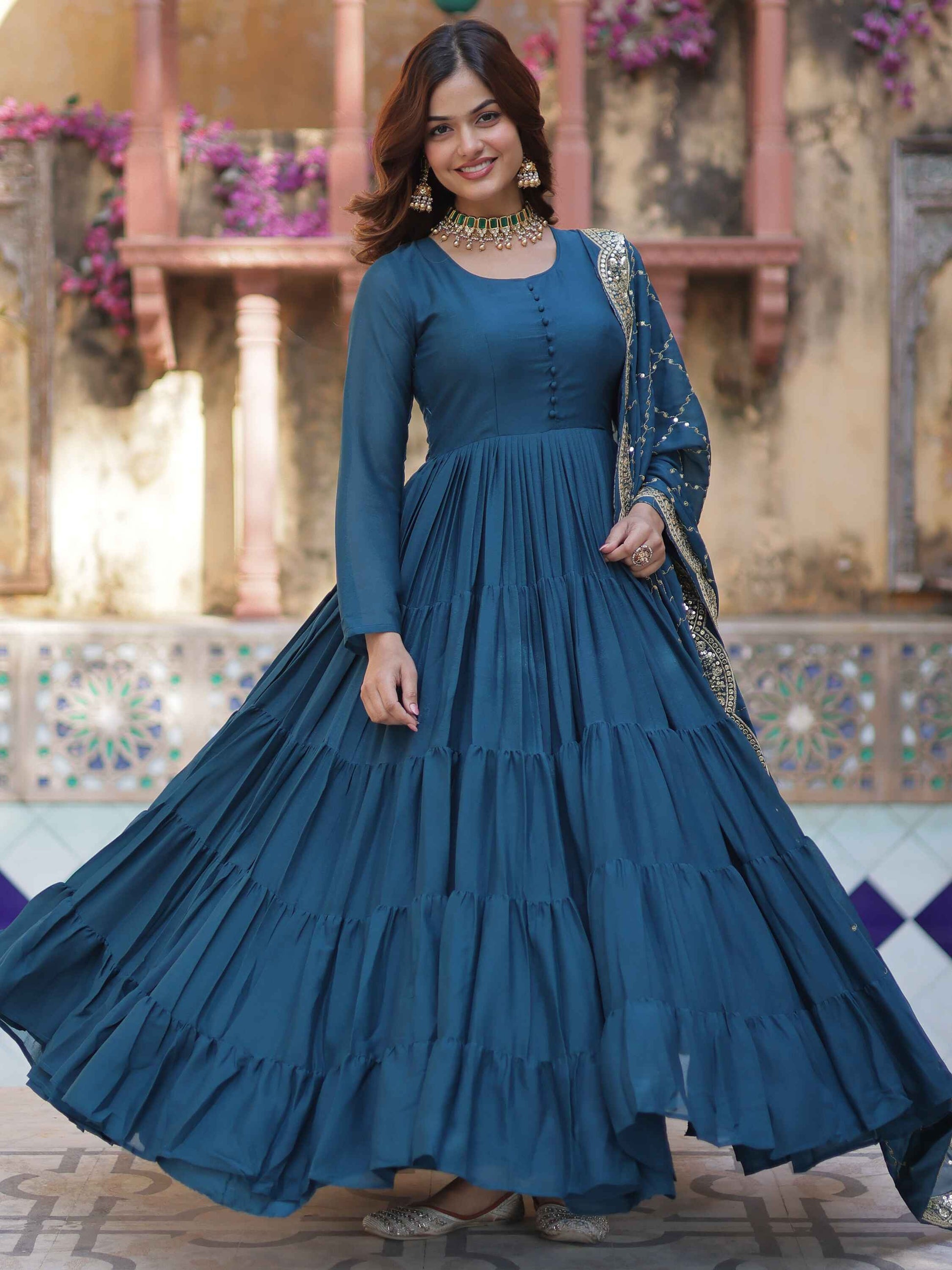 Striking Teal Blue Georgette Event Wear Gown With Dupatta