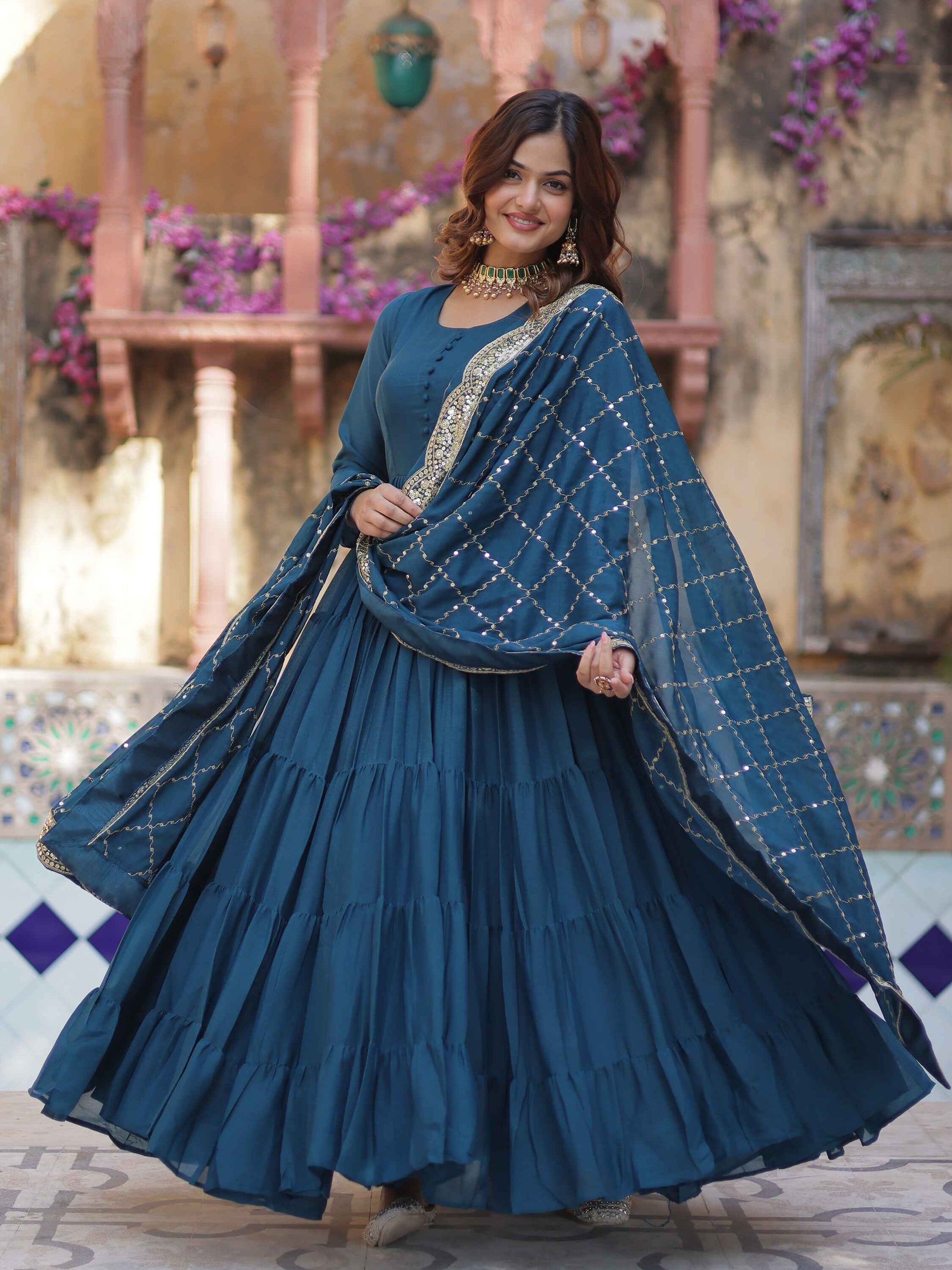 Striking Teal Blue Georgette Event Wear Gown With Dupatta