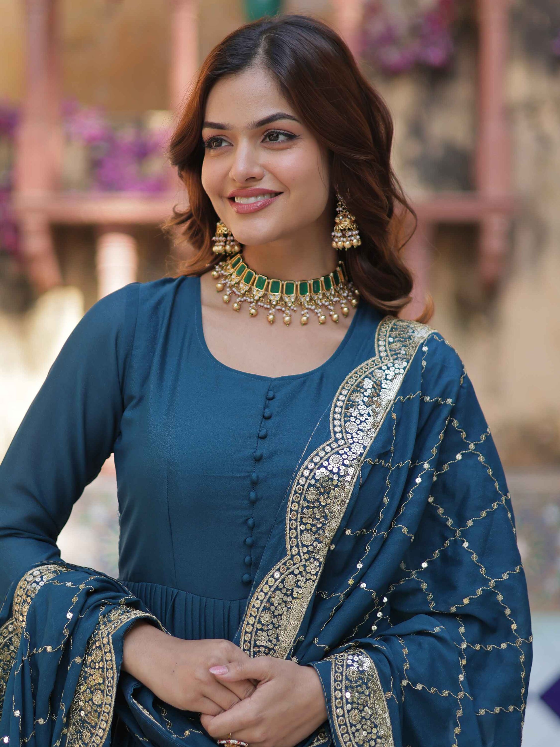 Striking Teal Blue Georgette Event Wear Gown With Dupatta