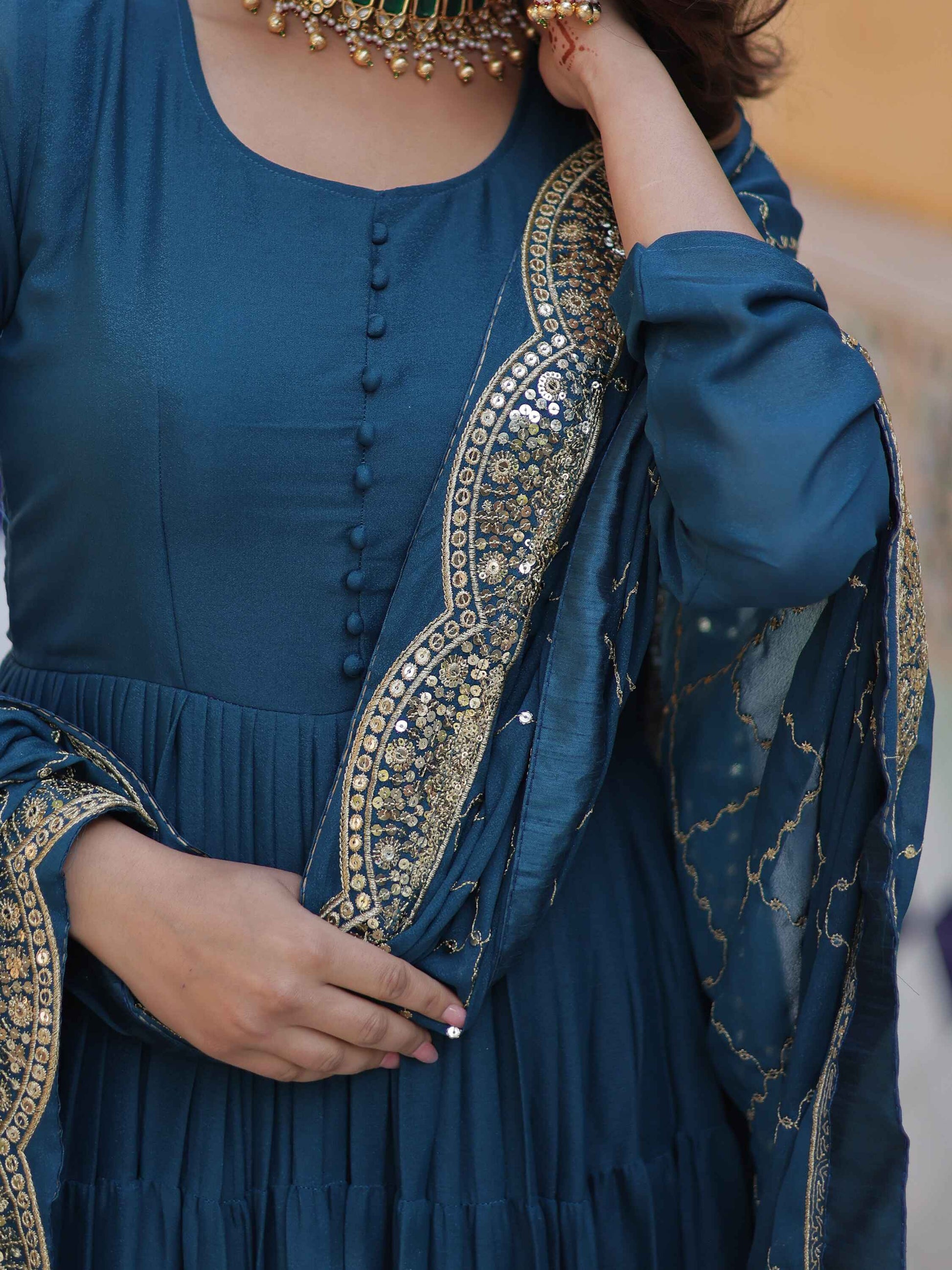 Striking Teal Blue Georgette Event Wear Gown With Dupatta