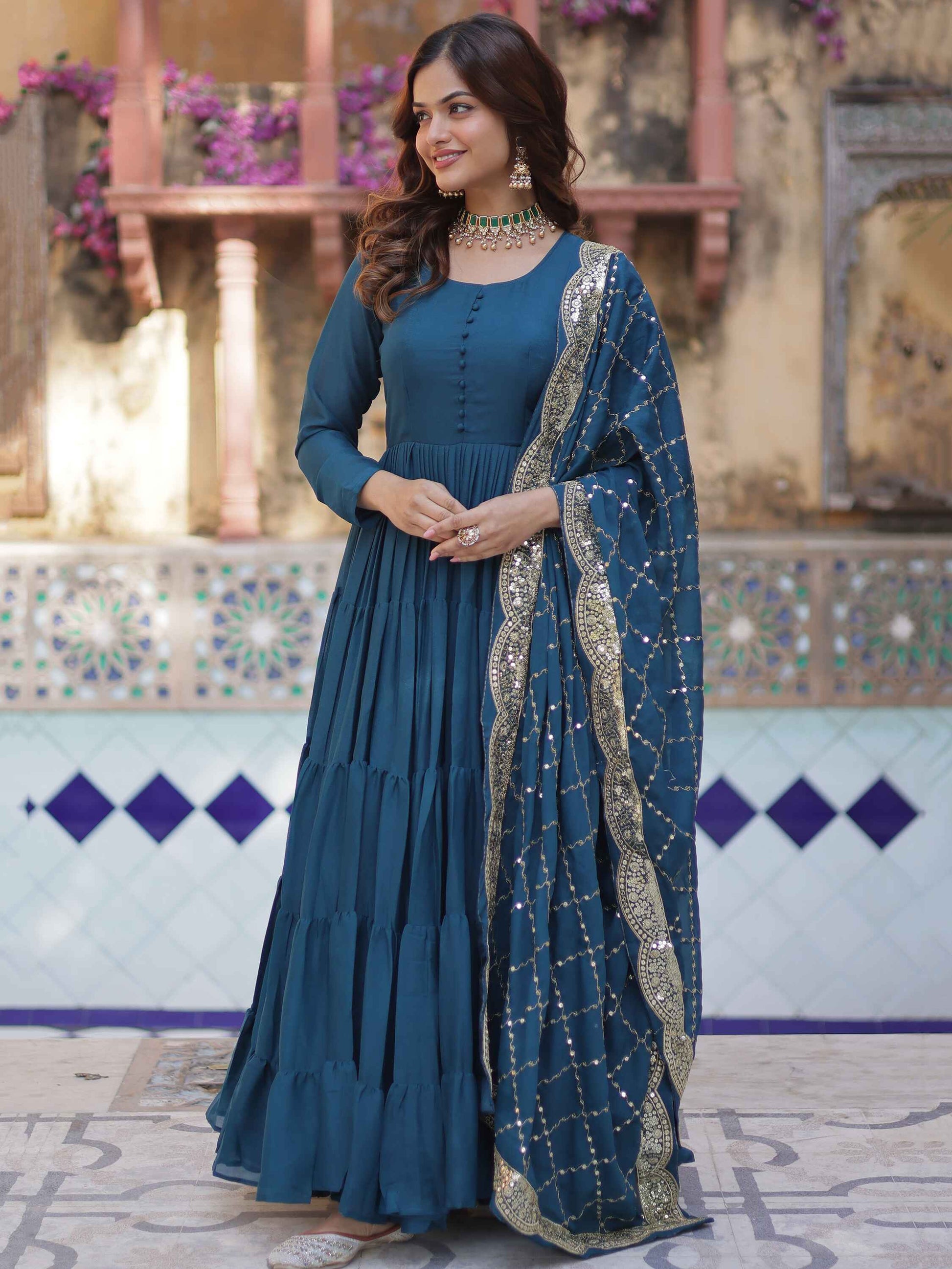Striking Teal Blue Georgette Event Wear Gown With Dupatta