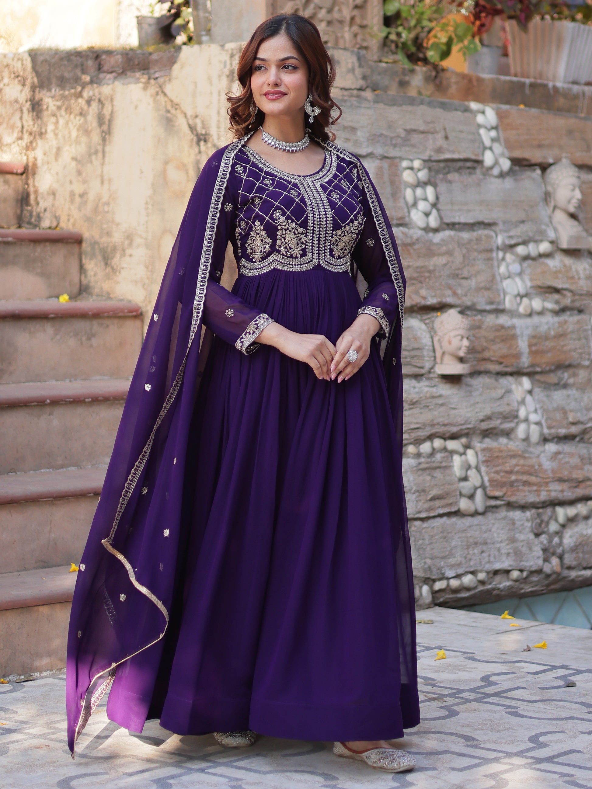 Fabulous Purple Sequins Georgette Traditional Gown With Dupatta