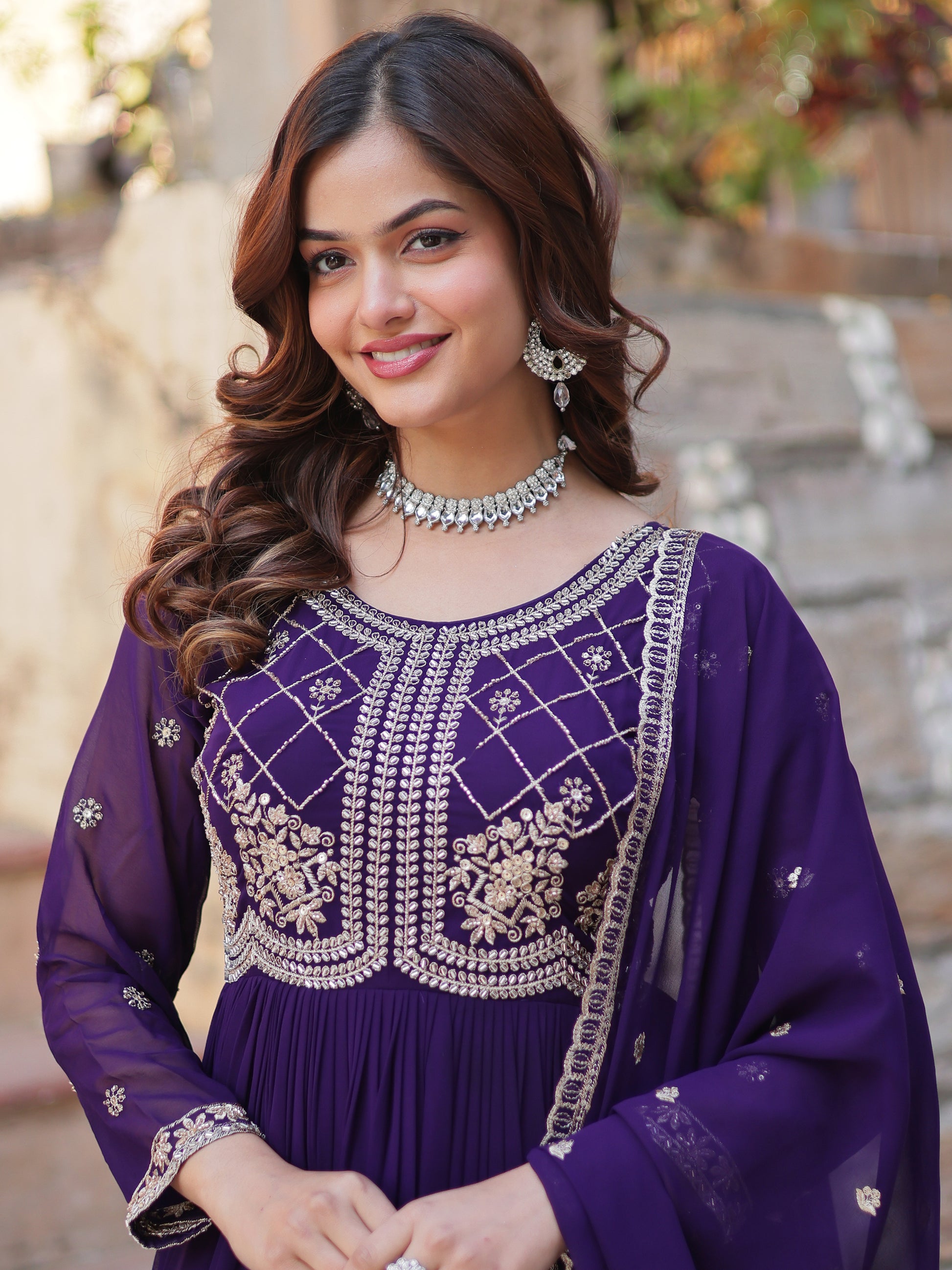 Fabulous Purple Sequins Georgette Traditional Gown With Dupatta