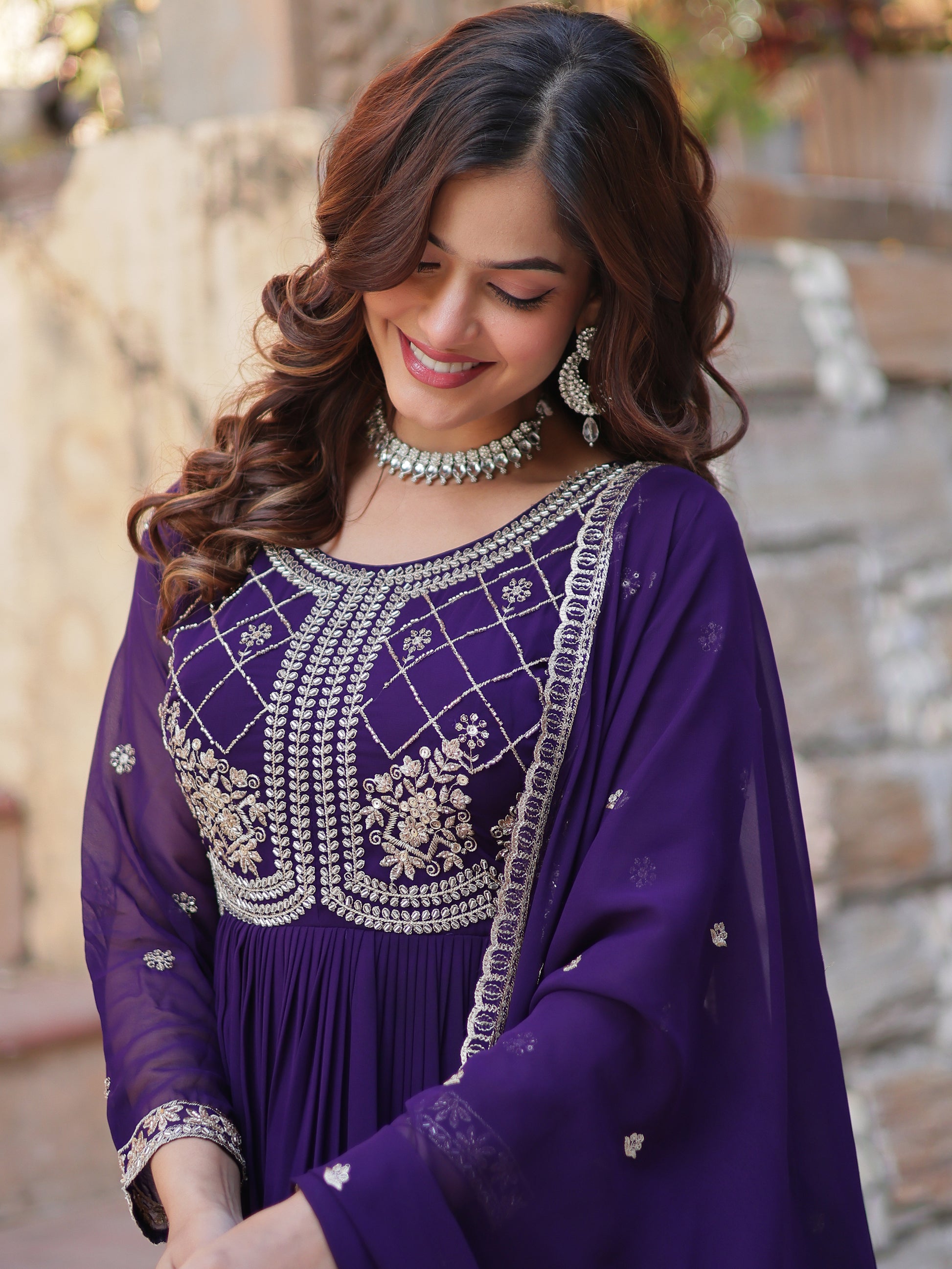 Fabulous Purple Sequins Georgette Traditional Gown With Dupatta