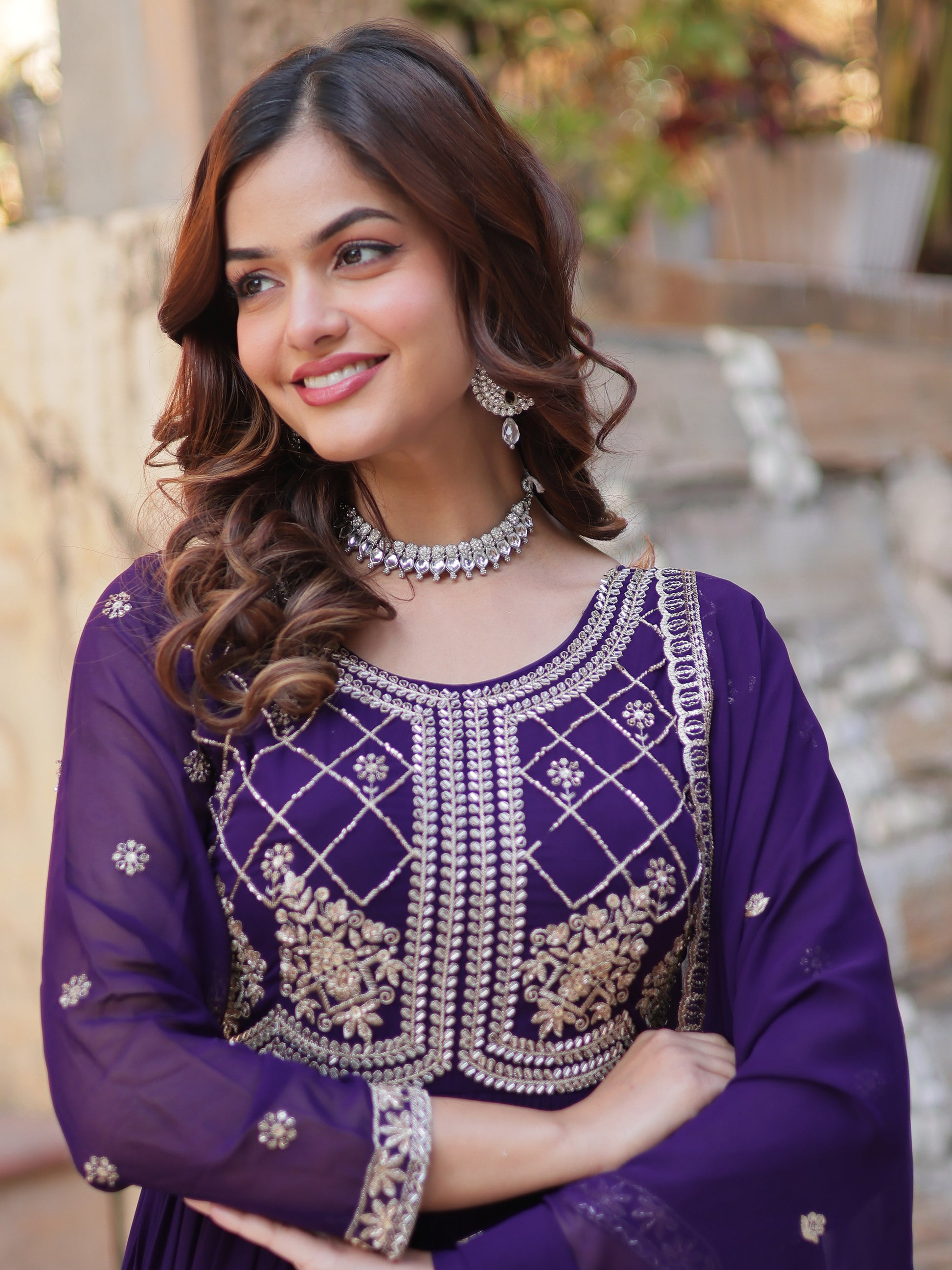 Fabulous Purple Sequins Georgette Traditional Gown With Dupatta