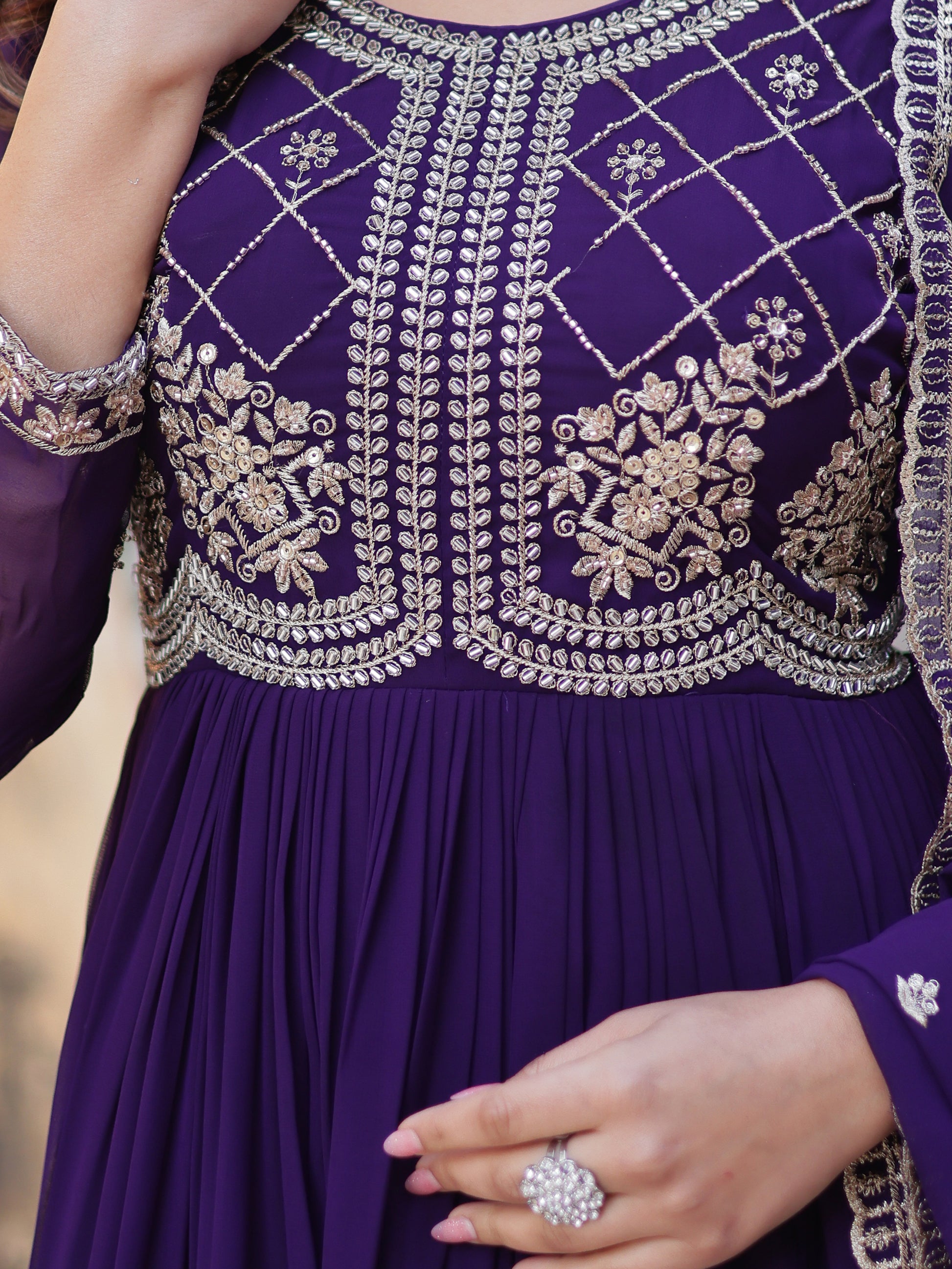 Fabulous Purple Sequins Georgette Traditional Gown With Dupatta