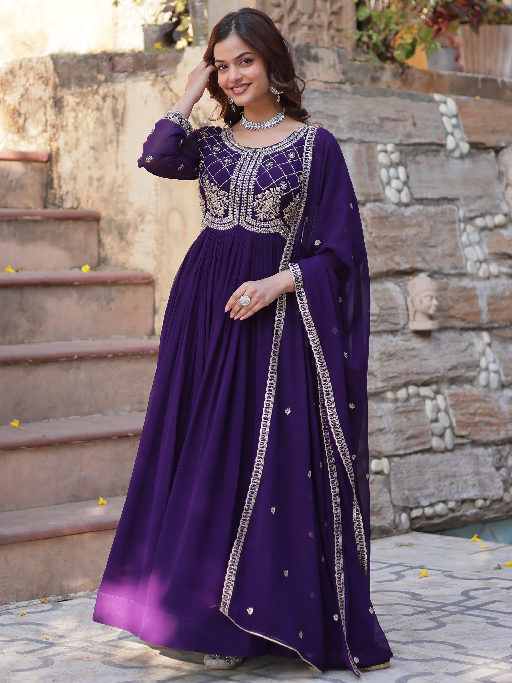 Fabulous Purple Sequins Georgette Traditional Gown With Dupatta