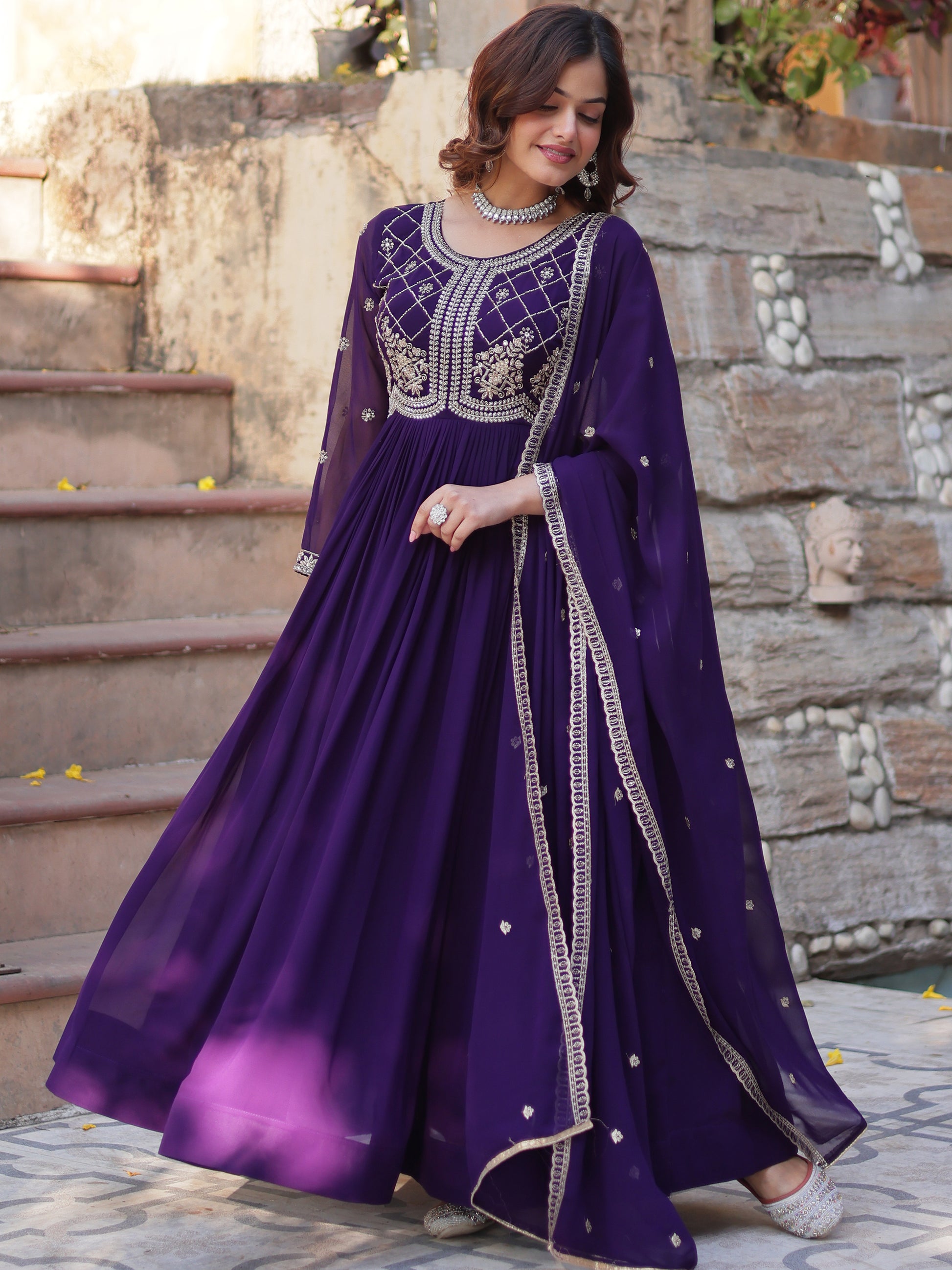 Fabulous Purple Sequins Georgette Traditional Gown With Dupatta