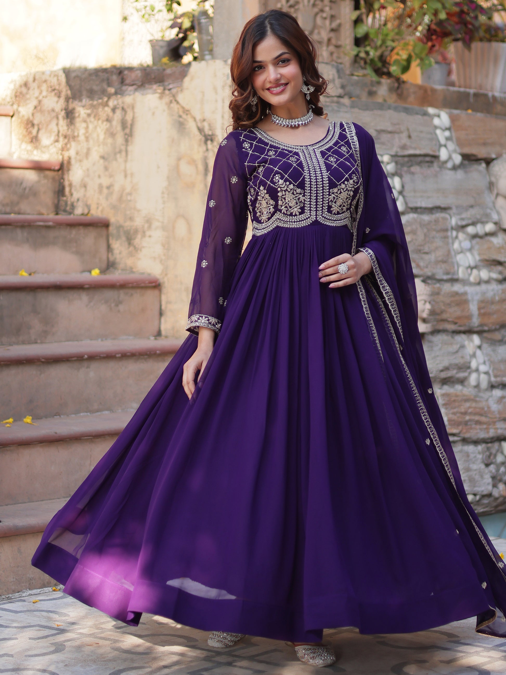 Fabulous Purple Sequins Georgette Traditional Gown With Dupatta