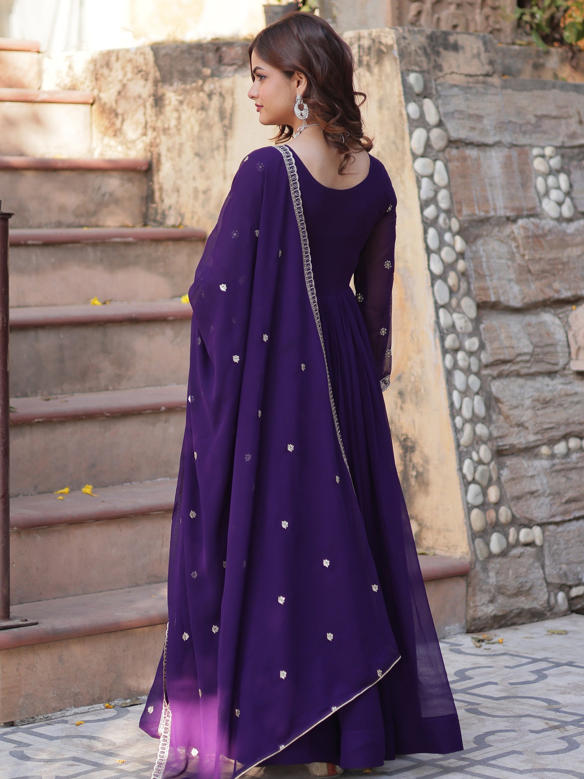 Fabulous Purple Sequins Georgette Traditional Gown With Dupatta