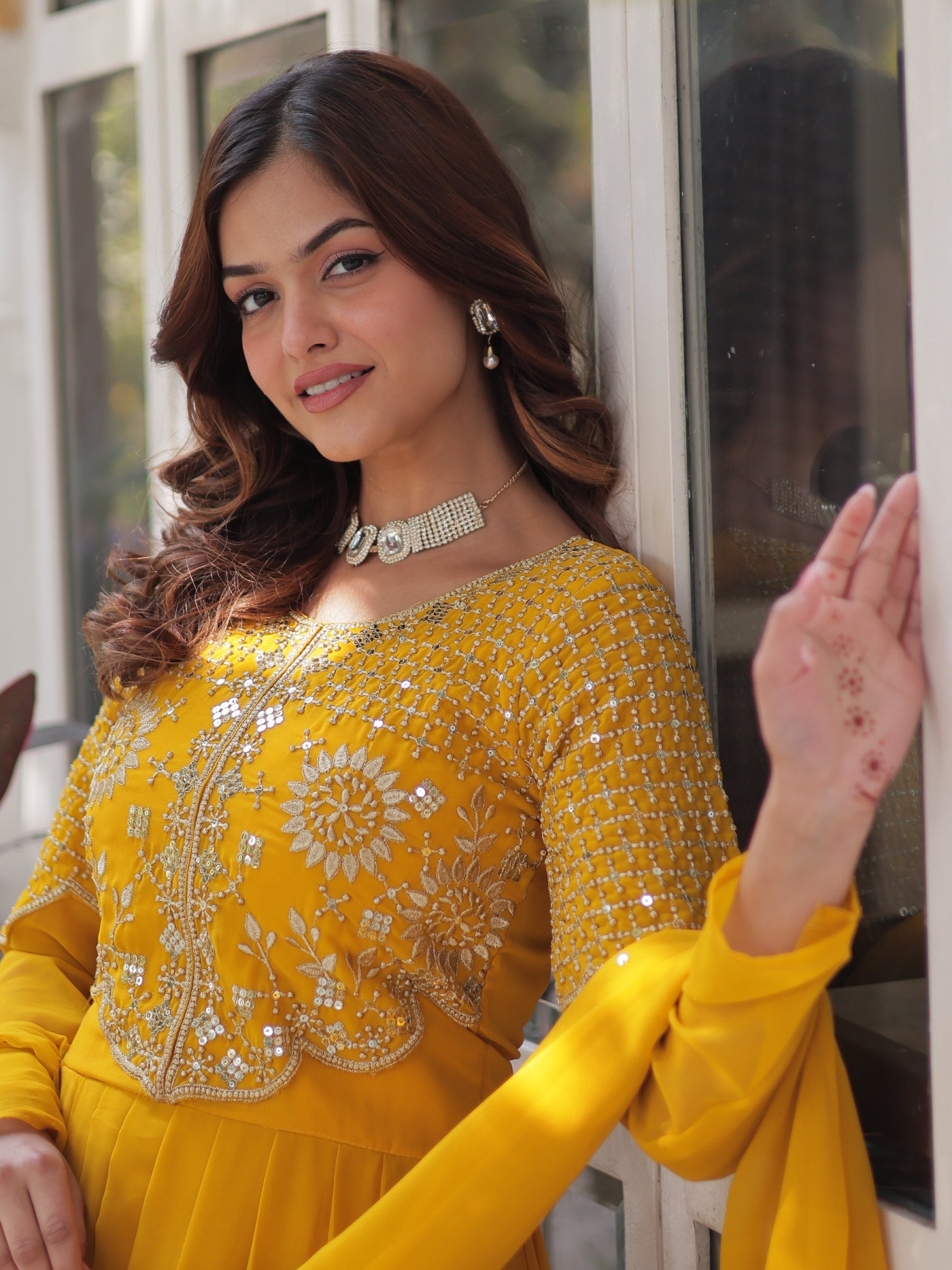 Alluring Mustard Yellow Zari Work Georgette Haldi Wear Gown With Dupatta