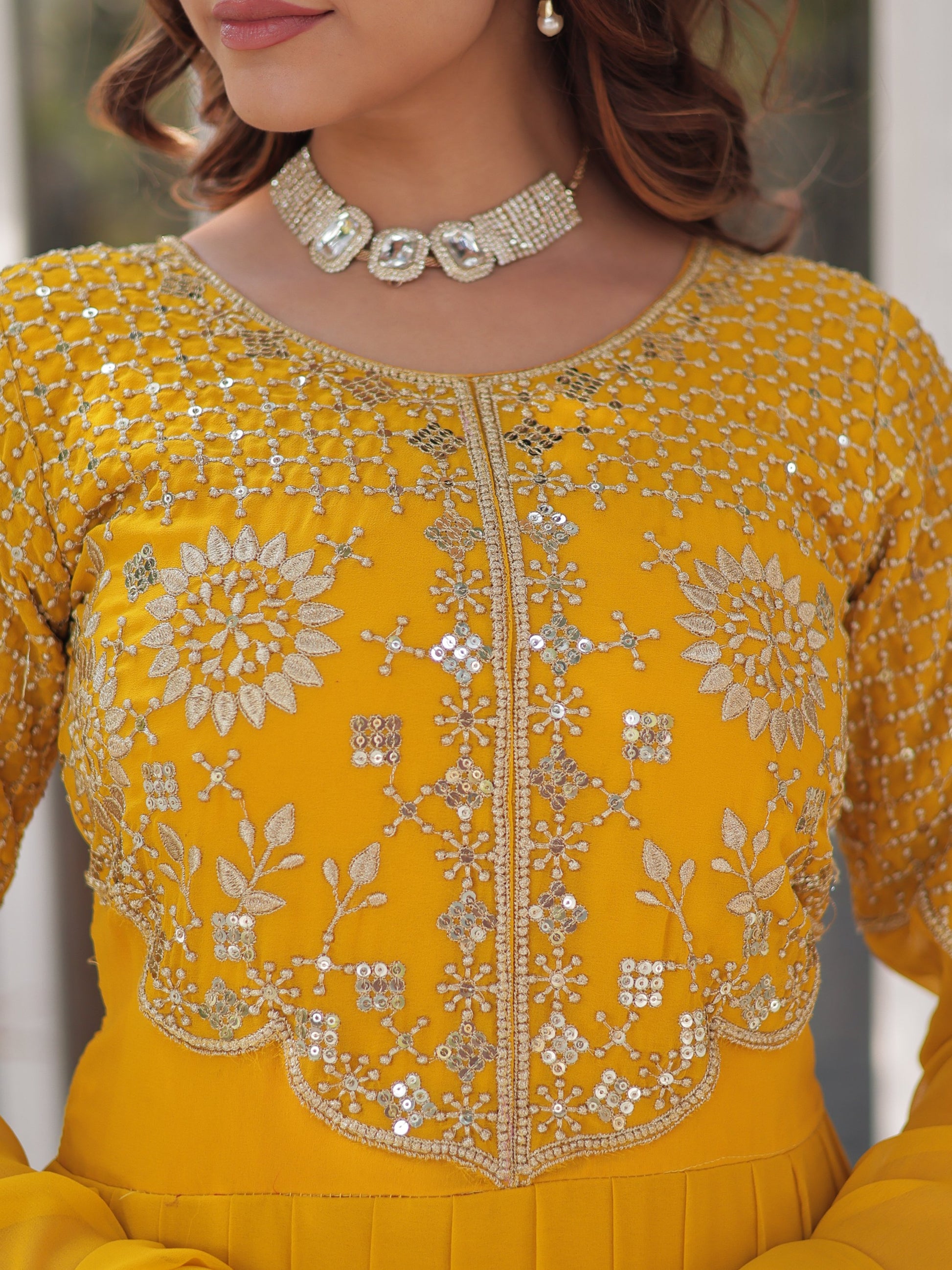 Alluring Mustard Yellow Zari Work Georgette Haldi Wear Gown With Dupatta