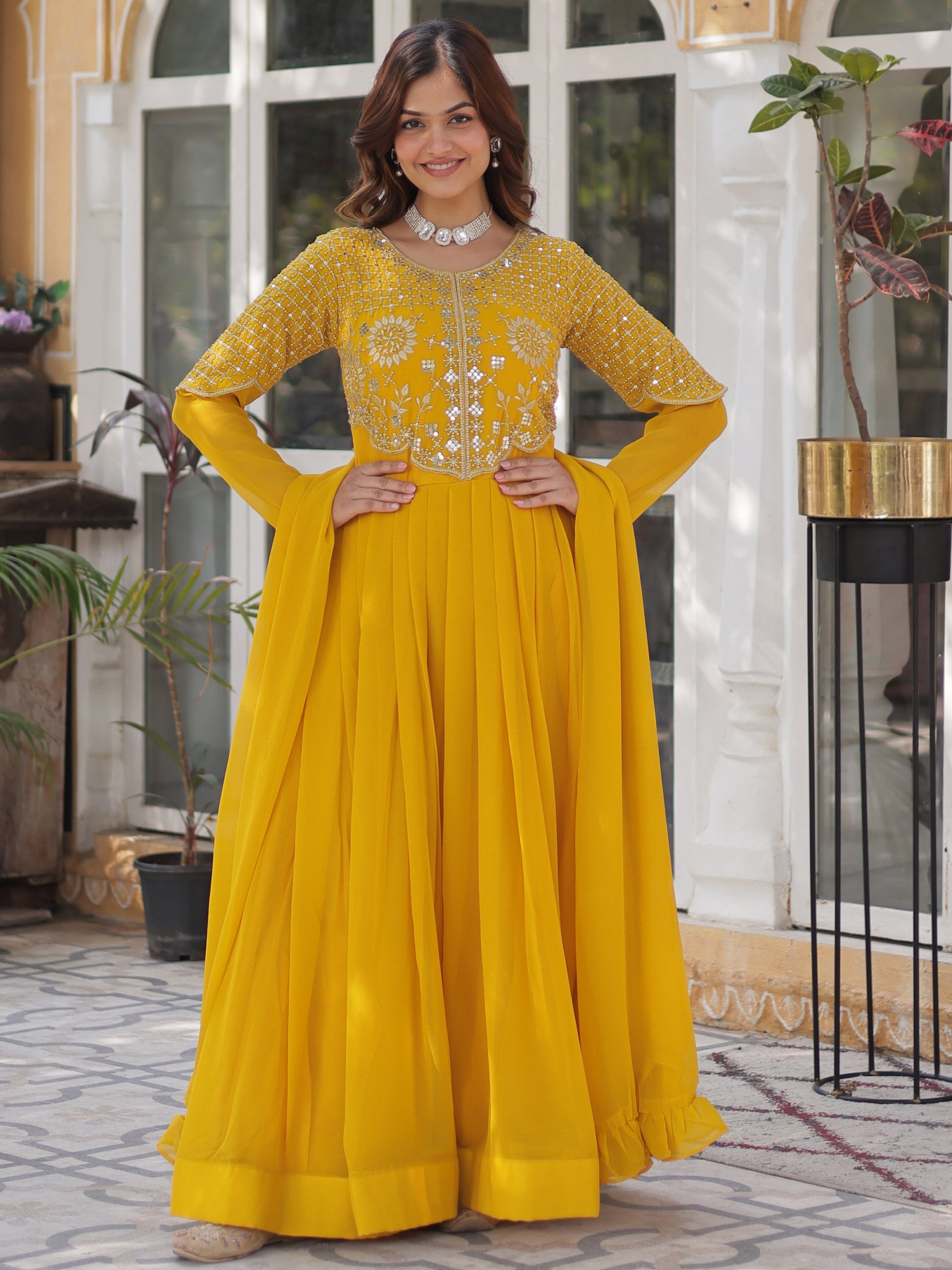 Alluring Mustard Yellow Zari Work Georgette Haldi Wear Gown With Dupatta