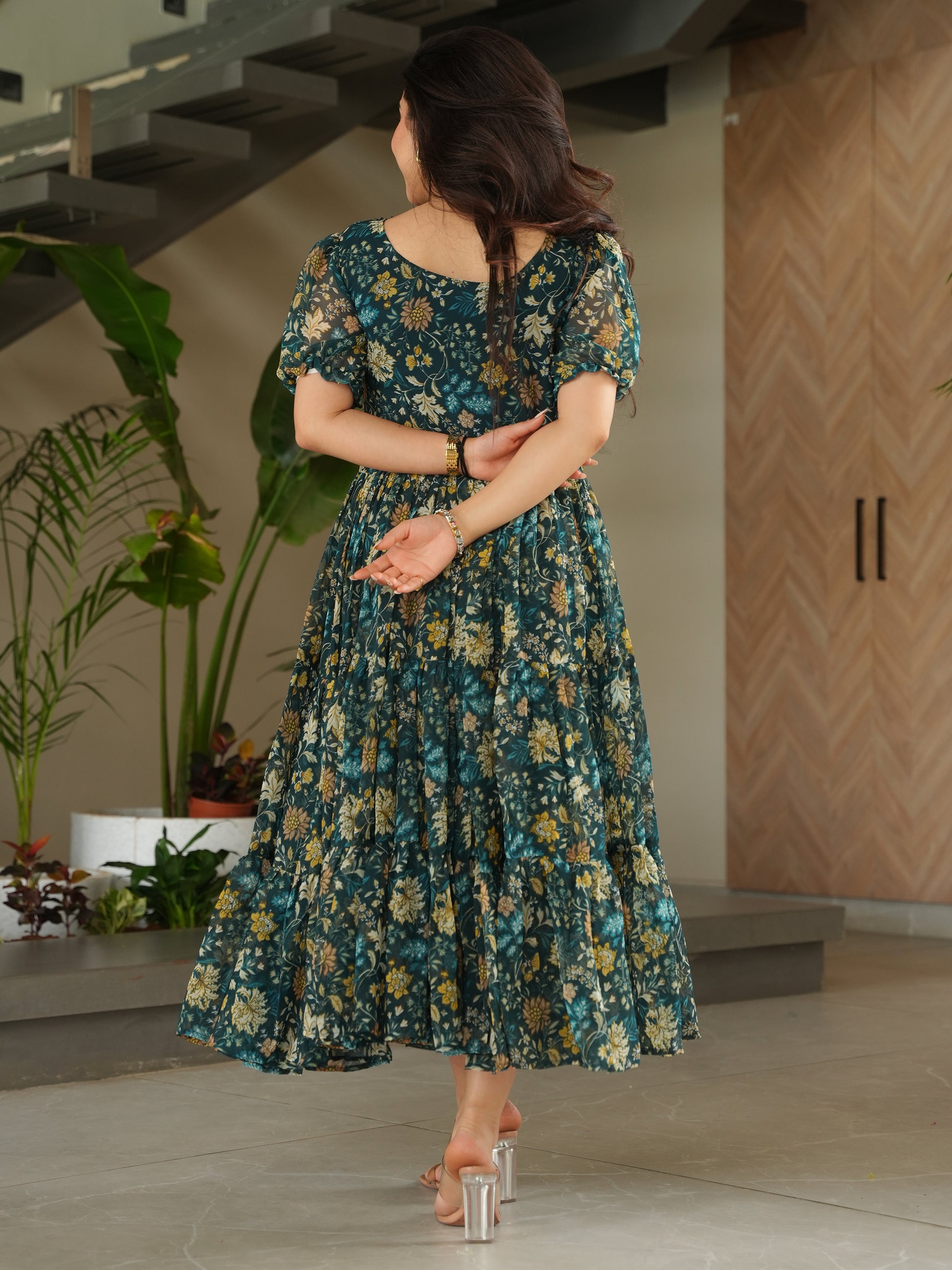 Captivating Green Floral Printed Georgette Casual Wear Dress
