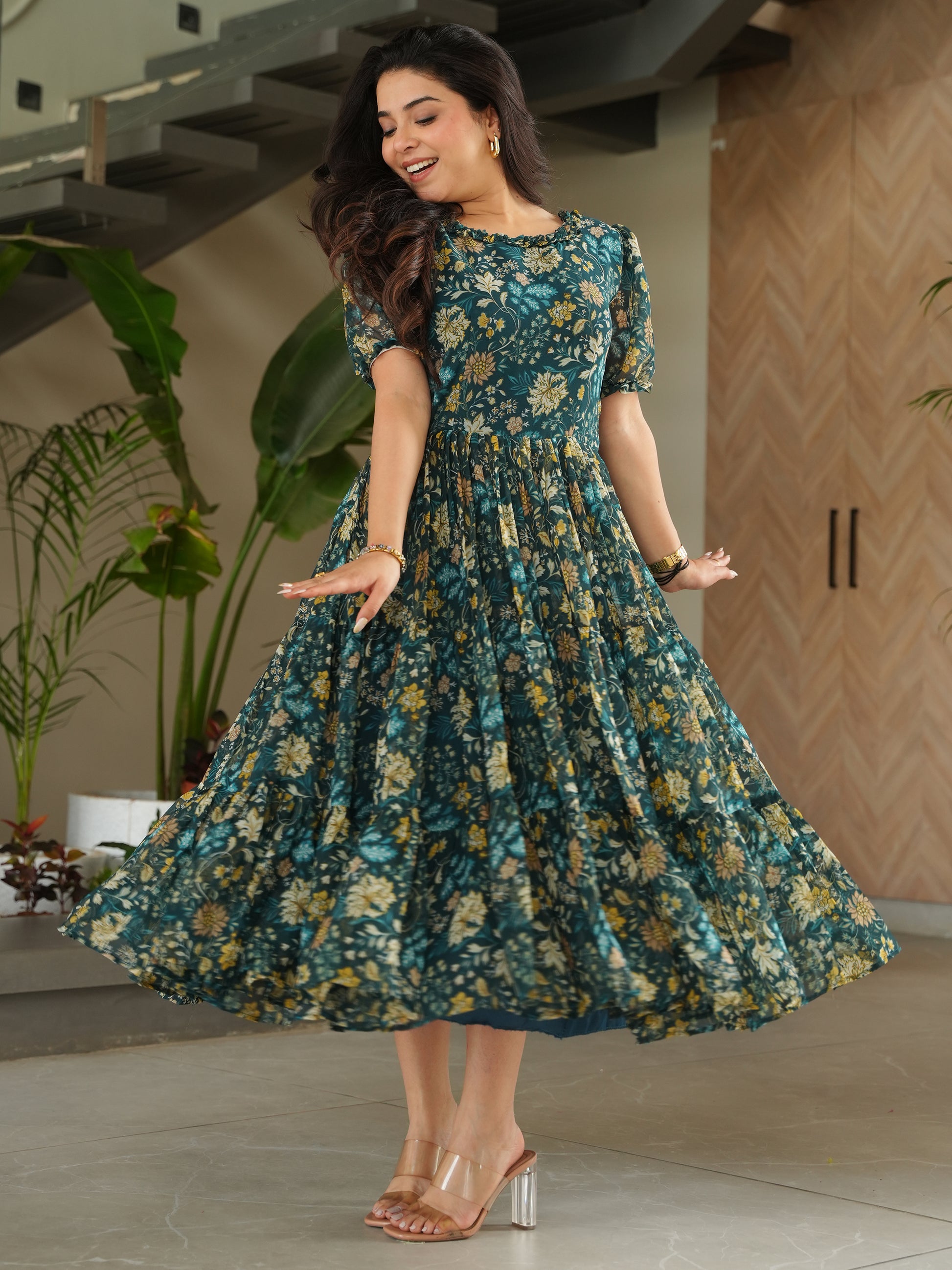 Captivating Green Floral Printed Georgette Casual Wear Dress