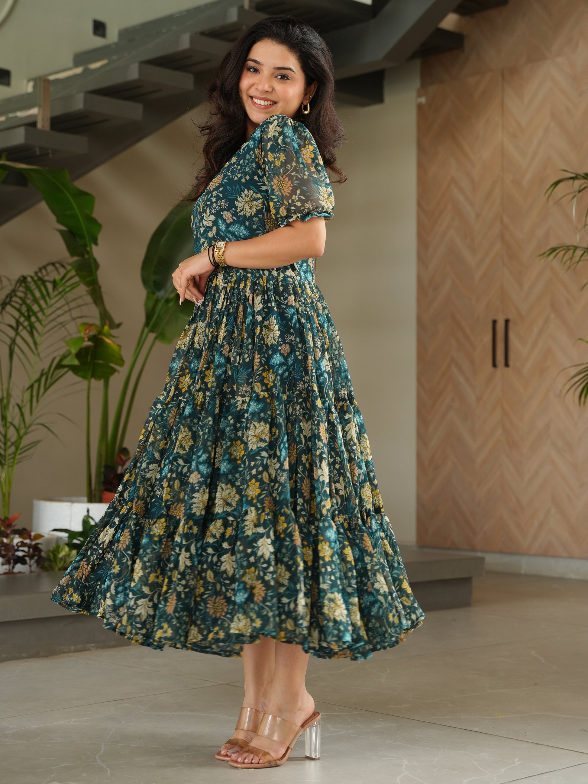 Captivating Green Floral Printed Georgette Casual Wear Dress