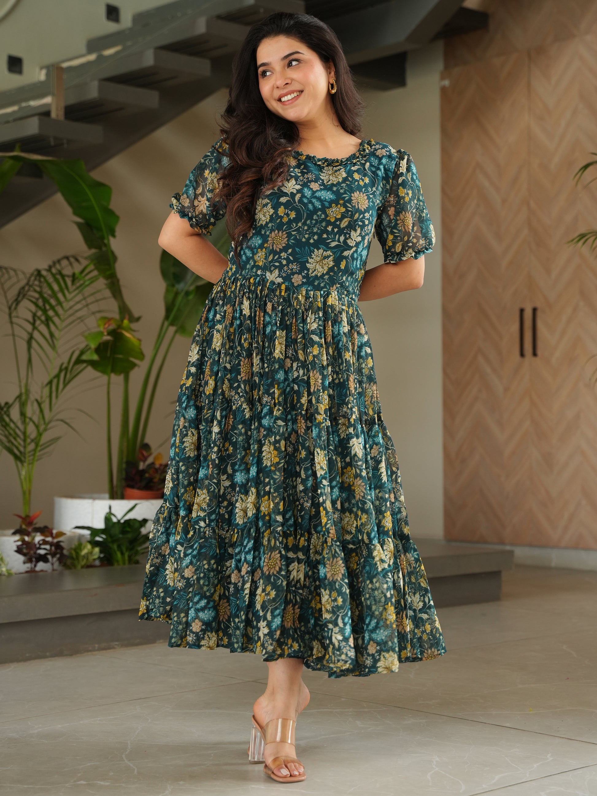 Captivating Green Floral Printed Georgette Casual Wear Dress