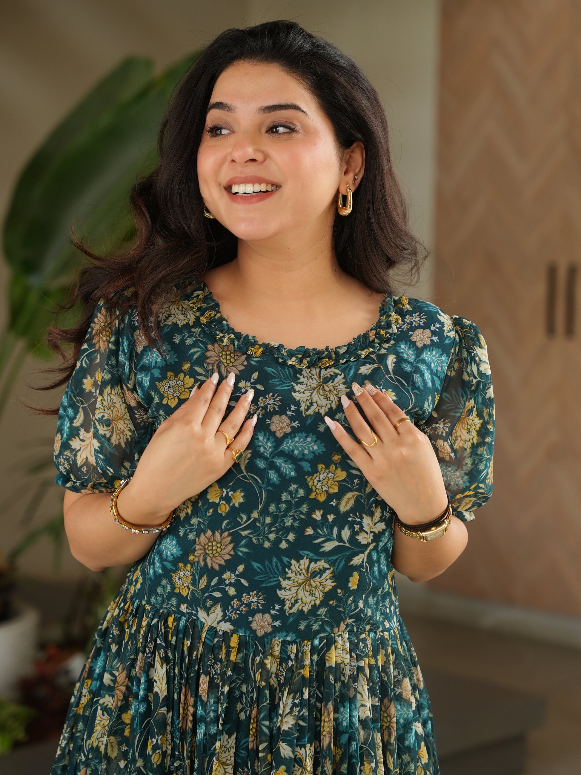 Captivating Green Floral Printed Georgette Casual Wear Dress