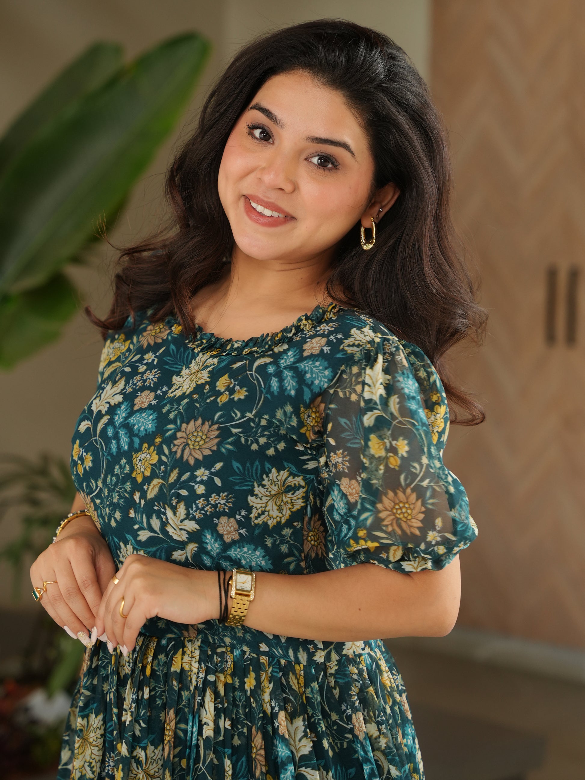 Captivating Green Floral Printed Georgette Casual Wear Dress