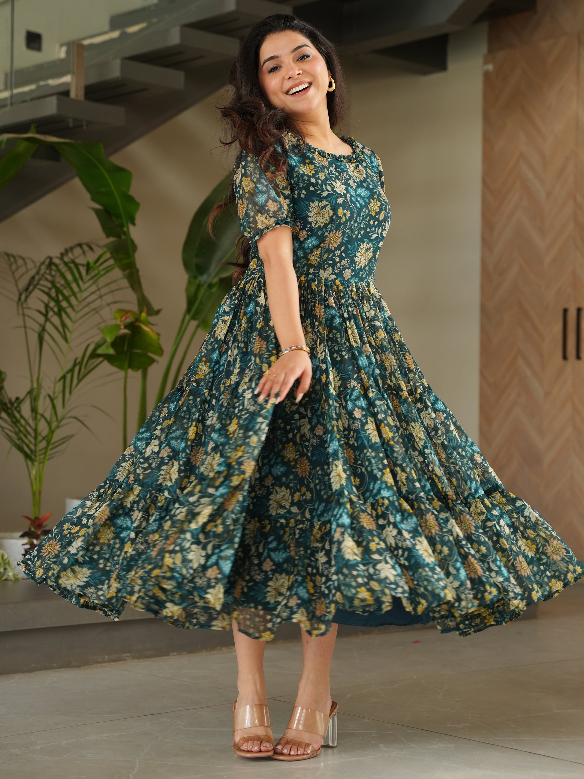 Captivating Green Floral Printed Georgette Casual Wear Dress