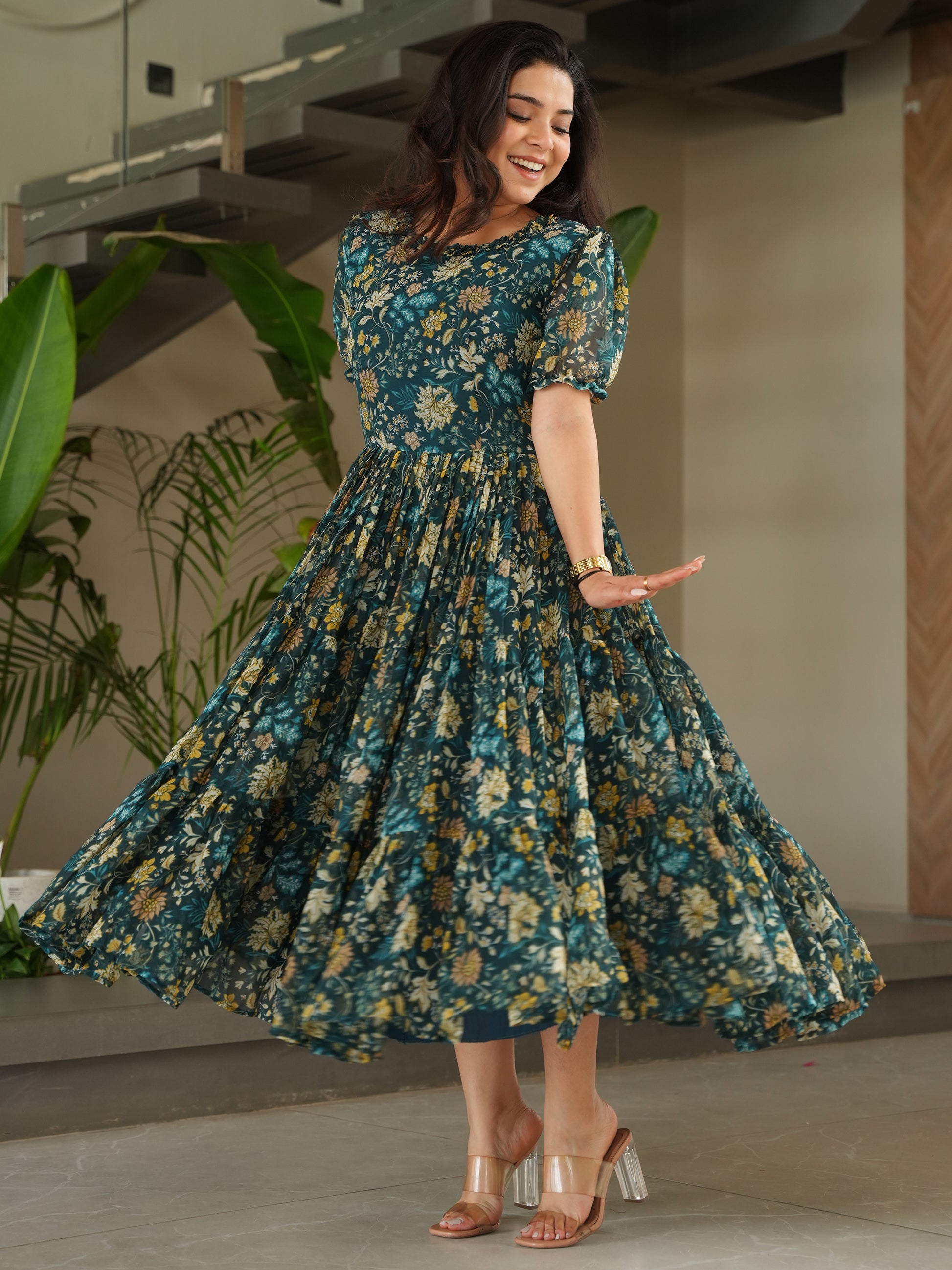 Captivating Green Floral Printed Georgette Casual Wear Dress