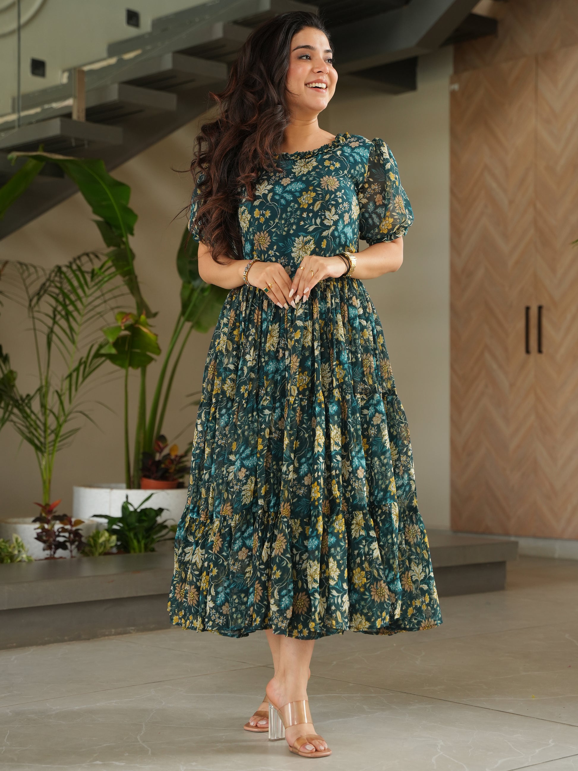 Captivating Green Floral Printed Georgette Casual Wear Dress