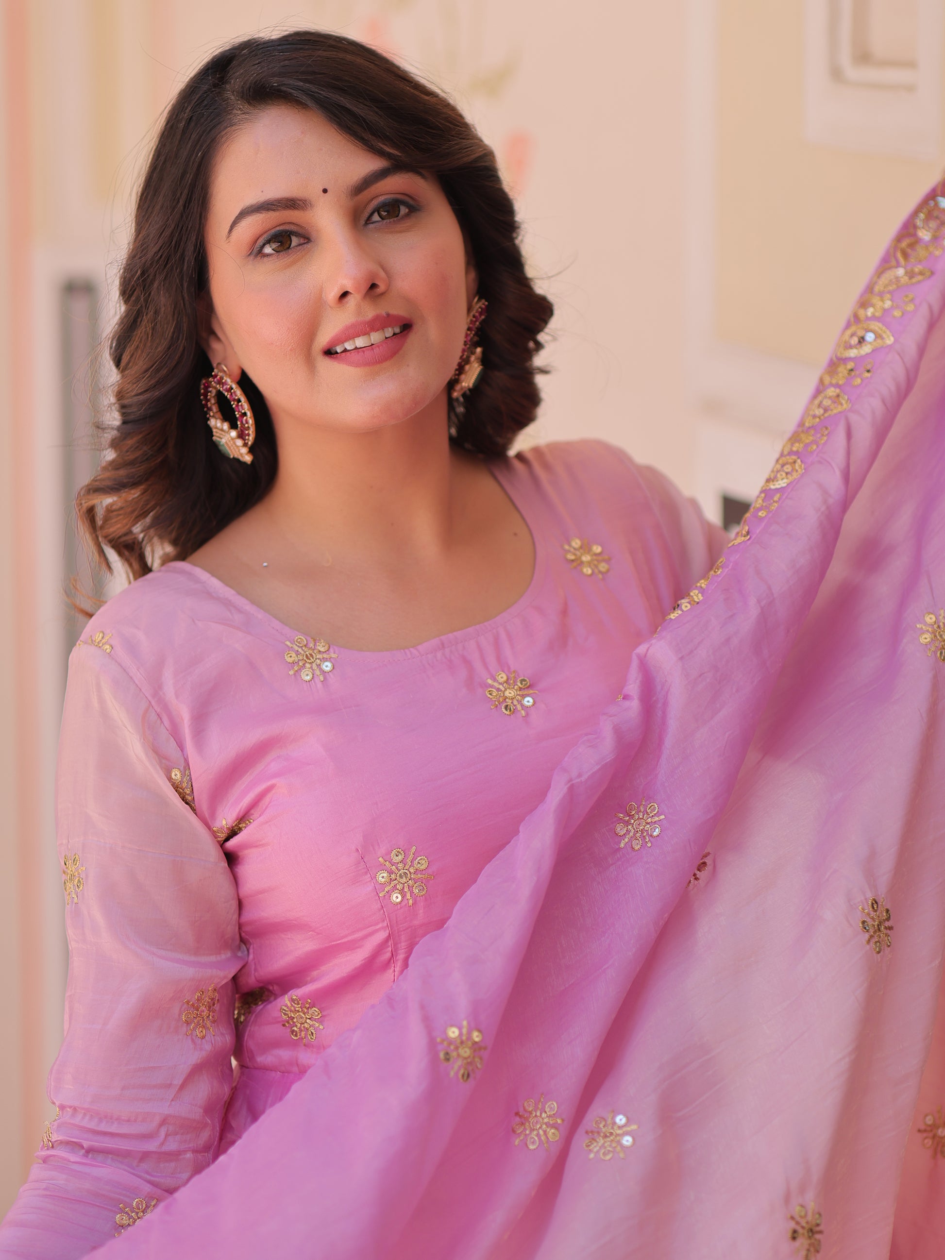 Beautiful Pink Organza Festive Wear Sequins Gown With Dupatta