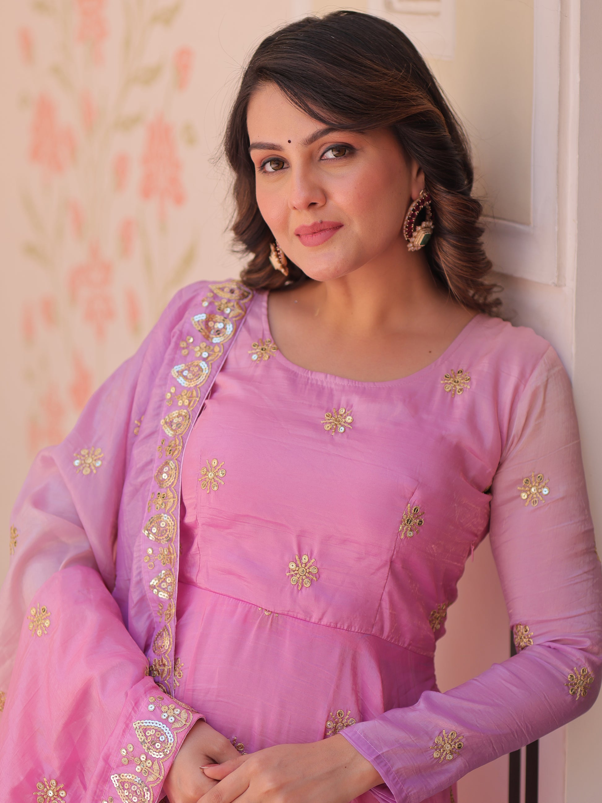 Beautiful Pink Organza Festive Wear Sequins Gown With Dupatta