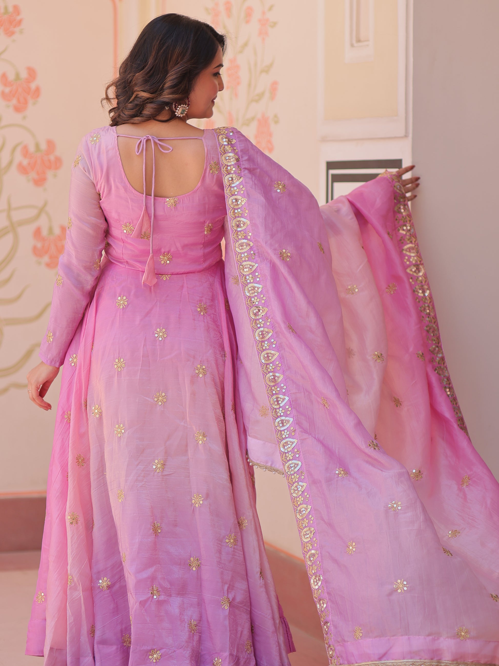 Beautiful Pink Organza Festive Wear Sequins Gown With Dupatta